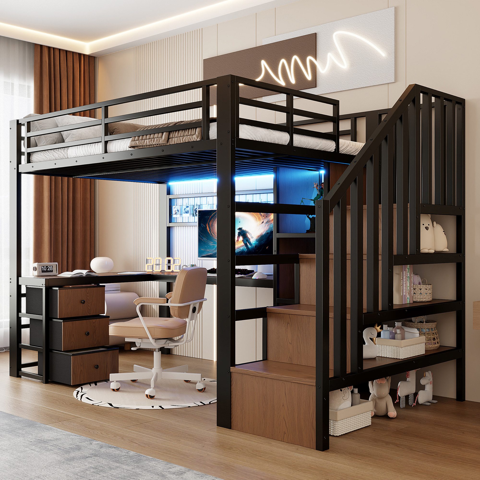 Odikalo Hochbett 90x200 140x200 Kinderbett Jugendbett mit Schreibtisch LED und Stauraum (Eisenrahmen, Ablagefach, 4 Schubladen, Gitter zum Aufhängen von Gegenständen, mit LED-Lichtleiste, Schreibtisch, Treppenkonstruktionen mit Stauraum, Ohne Matratze)