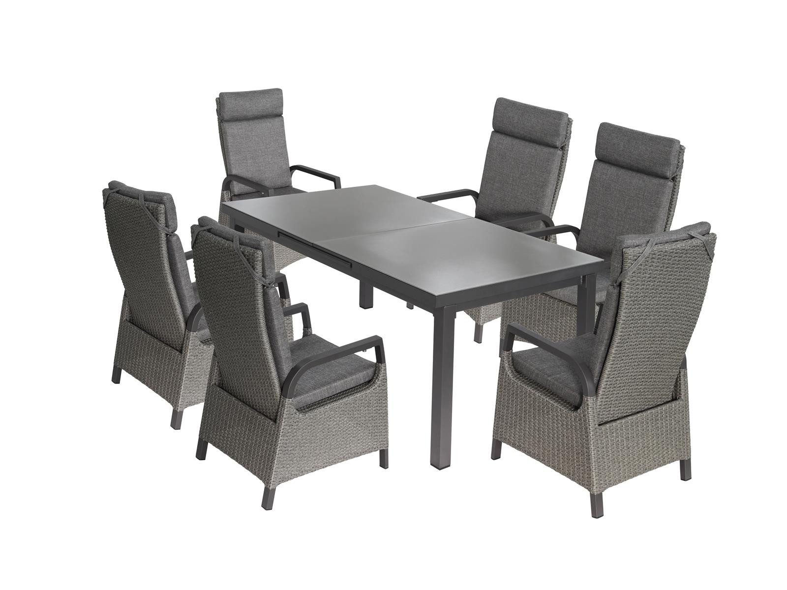 Green Spirit Gartenlounge-Set »Chicago 4« Gartenmöbel Set ausziehbar Sitzgruppe Outdoor Garnitur, (Set, 7-tlg., 1x Tisch, 6x Hochlehner Gartenstühle), Aluminium, für 6 Personen, wetterfest - Garten, Terrasse & Outdoor