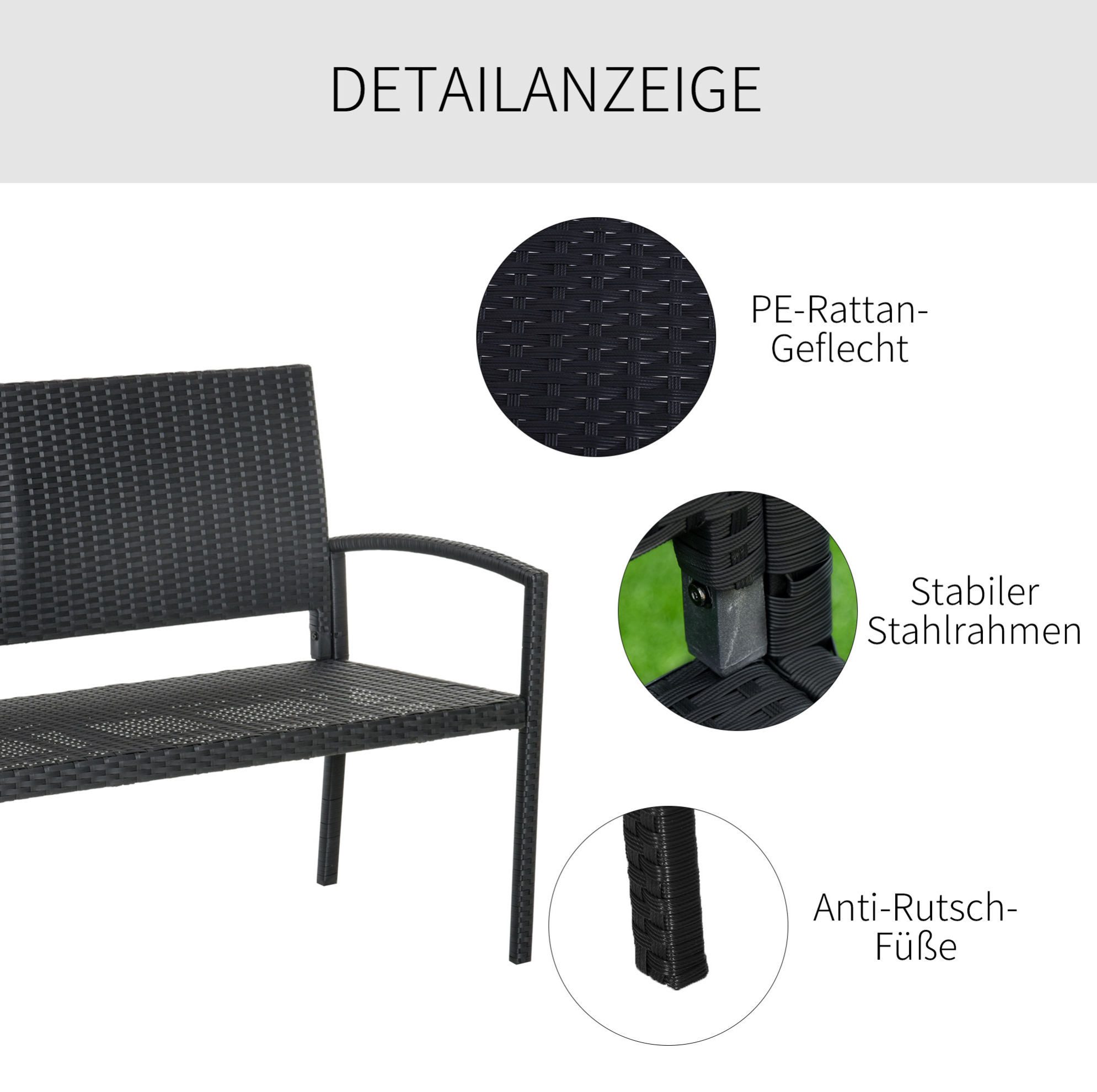 REDOM Gartenbank Polyrattan 2-Sitzer mit Stahlrahmen 122 x 60 x 87 cm schwarz (Packung, 1-St., Outdoor Bank modern Design für 2 Personen komfortabel), Parkbank Geflecht Sitzbank wetterfest für Garten Terrasse
