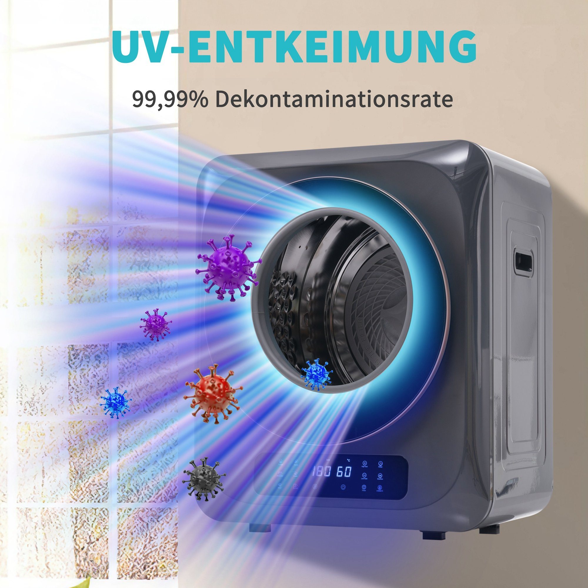 Grau UV-Sterilisation und Timer REDOM Programme 2.5 Wäschetrockner Mini-Wäschetrockner LED-Display, Mit 6 mit kg, Ablufttrockner Belüfteter freistehend/hängend und