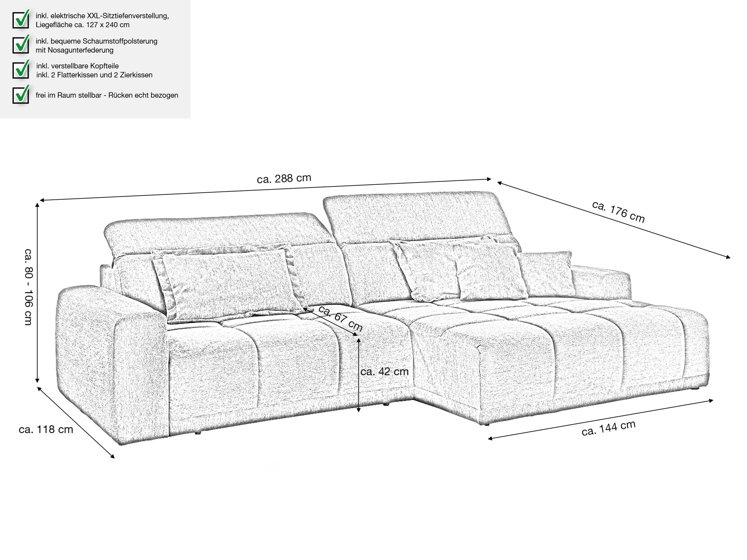 Massivart® Ecksofa Bouclé Bezug / 288 cm / elektrische Sitztiefenverstellun günstig online kaufen