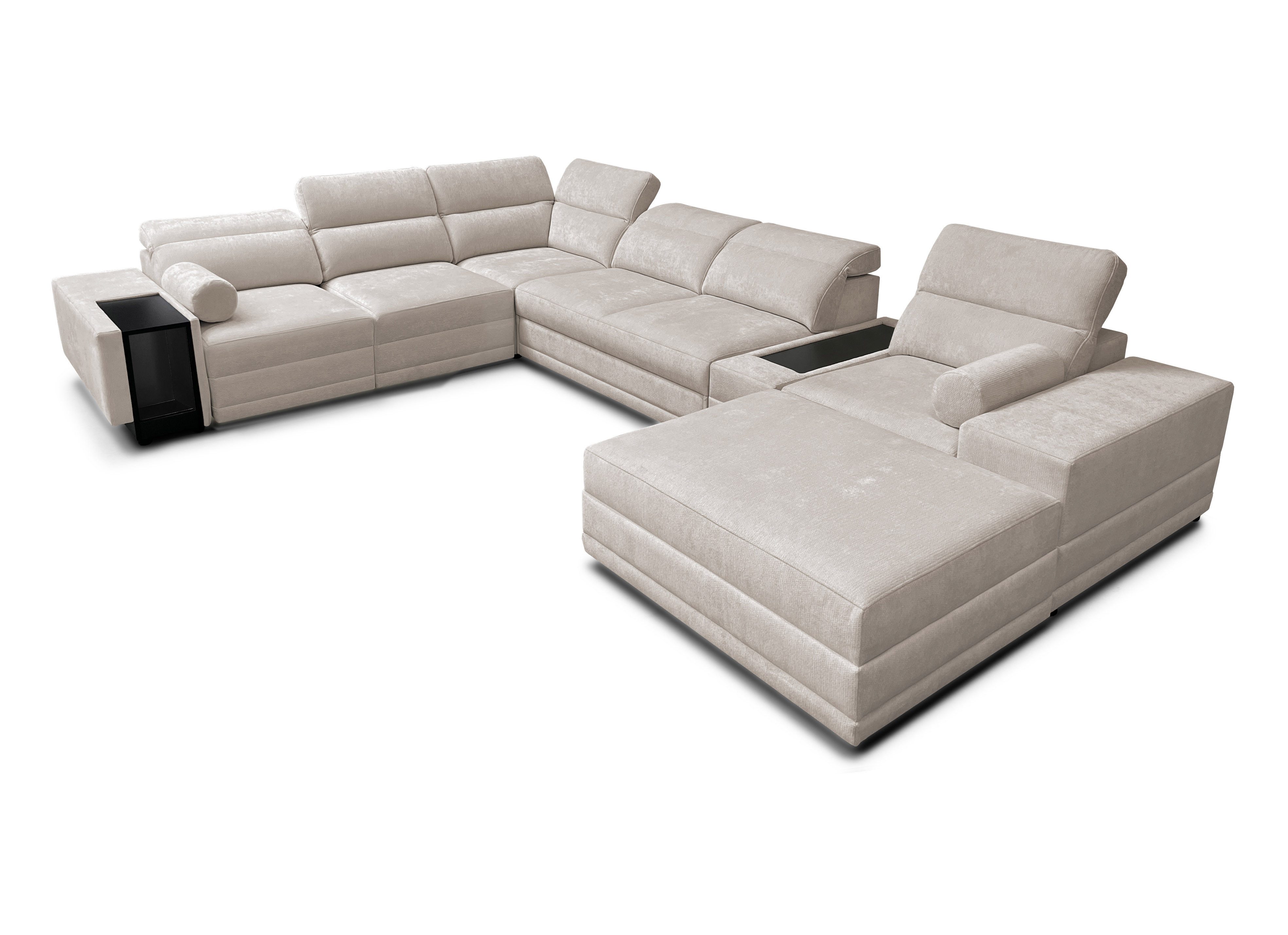 Möbel für Dich Wohnlandschaft XXL Enzo 15 mit freistellbarem Hocker und Schlaffunktion, mit 3 Bettkästen, Mittelkonsole und 7 verstellbaren Kopfstützen