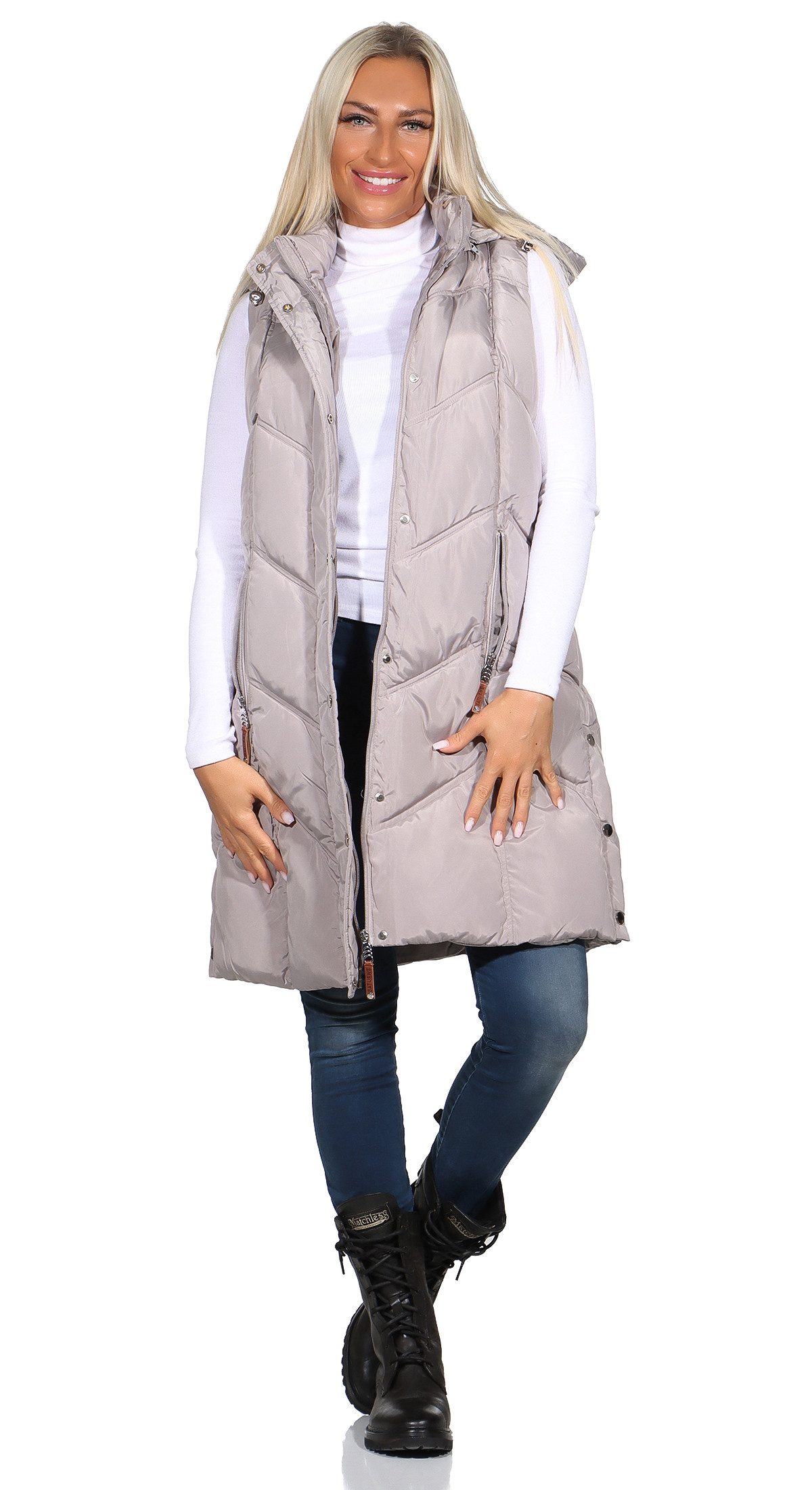 Aurela Damenmode Steppweste Damen Longweste mit moderner Steppung abnehmbar günstig online kaufen