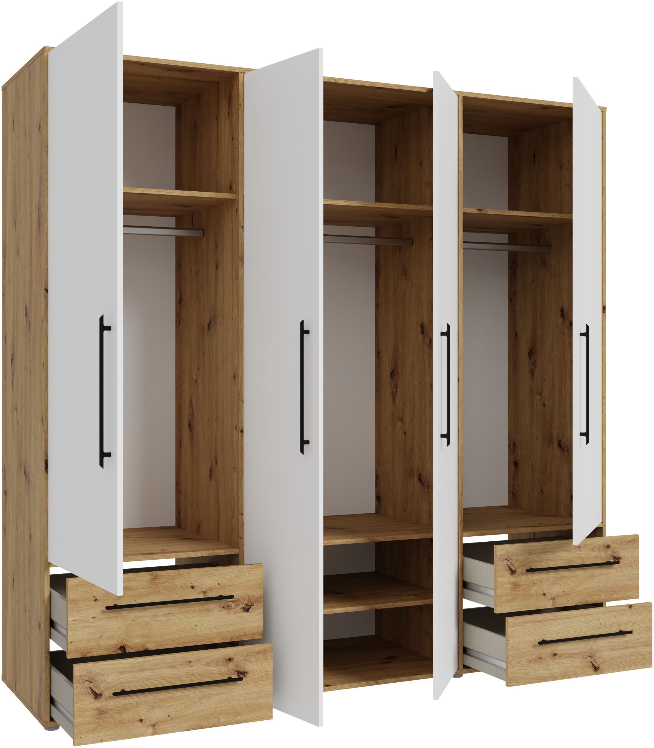 FORTE Kleiderschrank Mokkaris, Garderobe, zeitloses Design, 4 Türen, Made in Europe (B/H/T ca. 206x200x59cm) 4 Schubladen + schwarze Stangengriffe, Made in Euro – Bild 5 von 5
