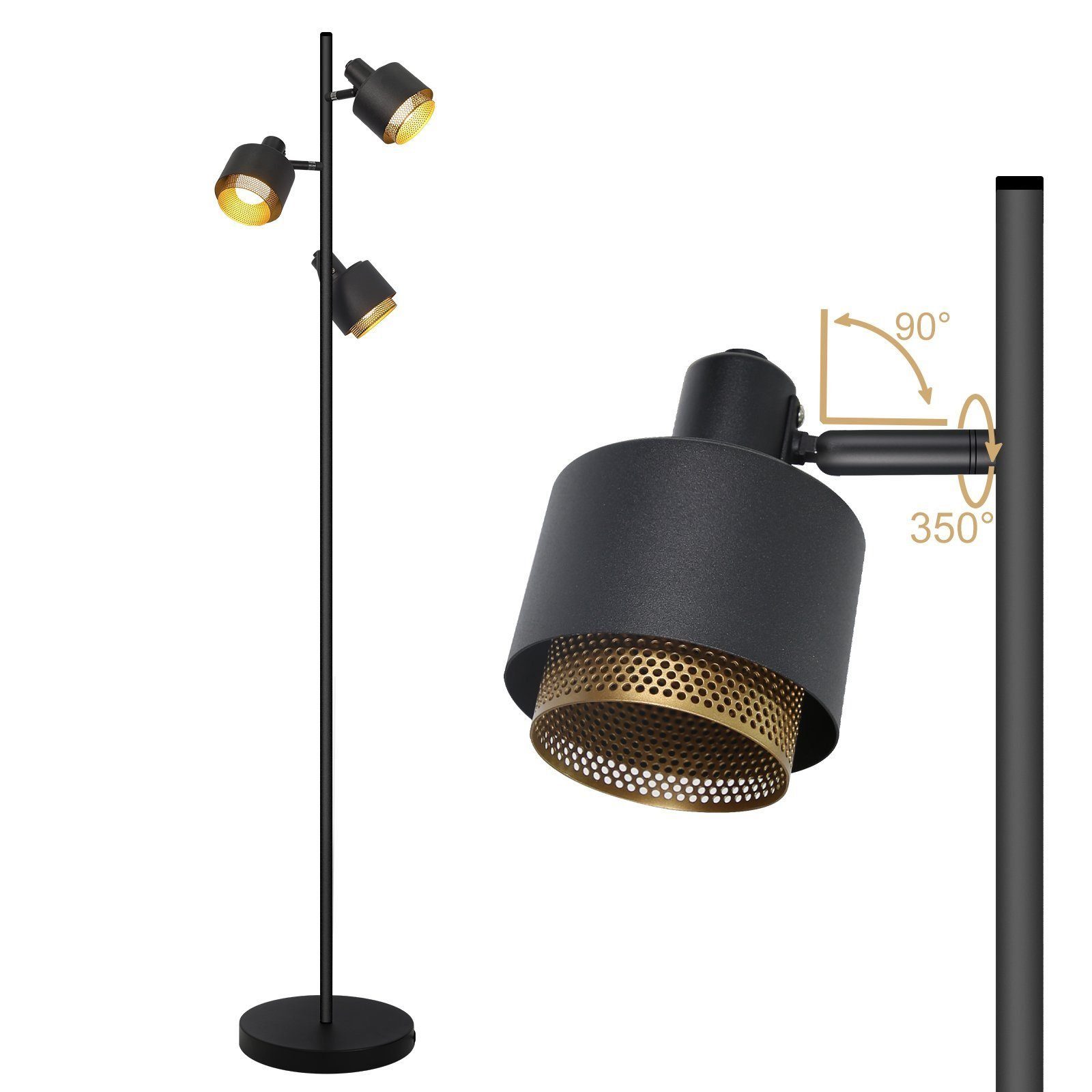 Nettlife Stehlampe Schwarz-gold E14 Industrial 153cm, LED wechselbar,  drehbare