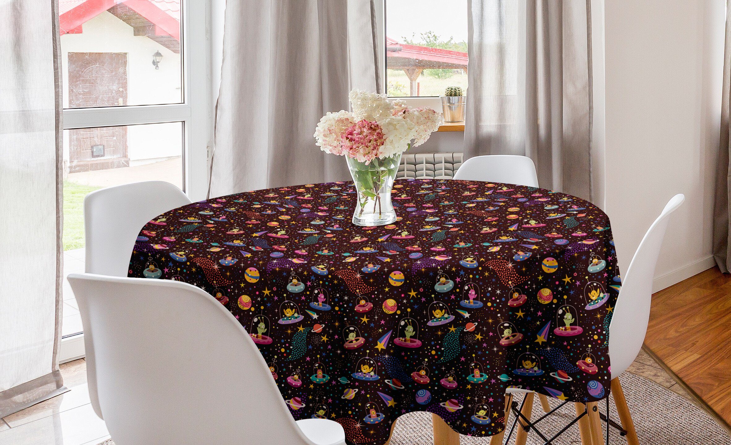 Abakuhaus Tischdecke Kreis Tischdecke Abdeckung für Esszimmer Küche Dekoration, Platz Alien-Planeten und UFOs