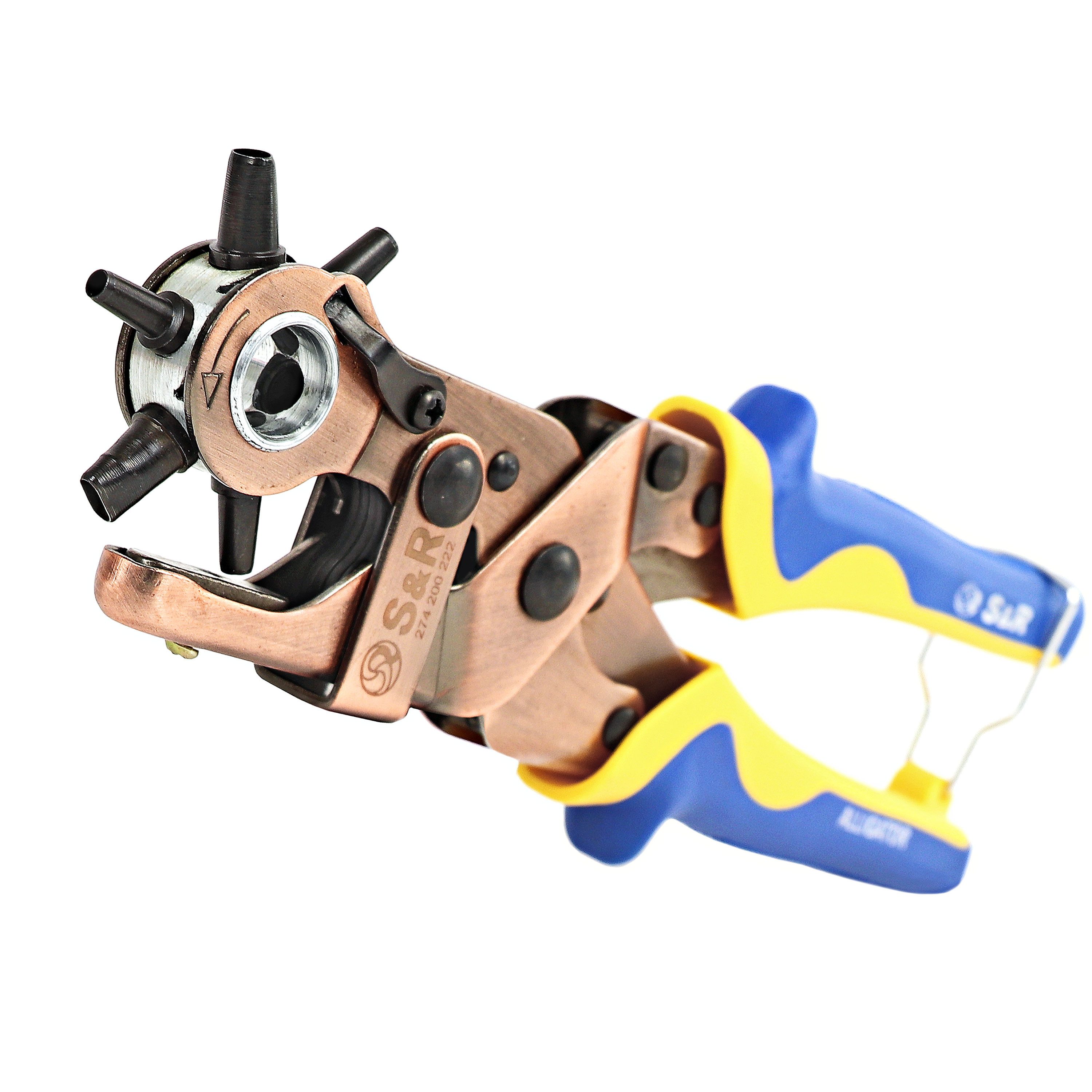 S&R Revolverlochzange -Set ALLIGATOR, je 3 x Lochpfeifen OVAL und RUND 3,5/4/4,5 mm, Set 1-tlg., Inklusive Ersatz-Amboss, für Gürtel, Textil, Schuhe, Uhren-Armbänder, Leder-Bänder, Karton