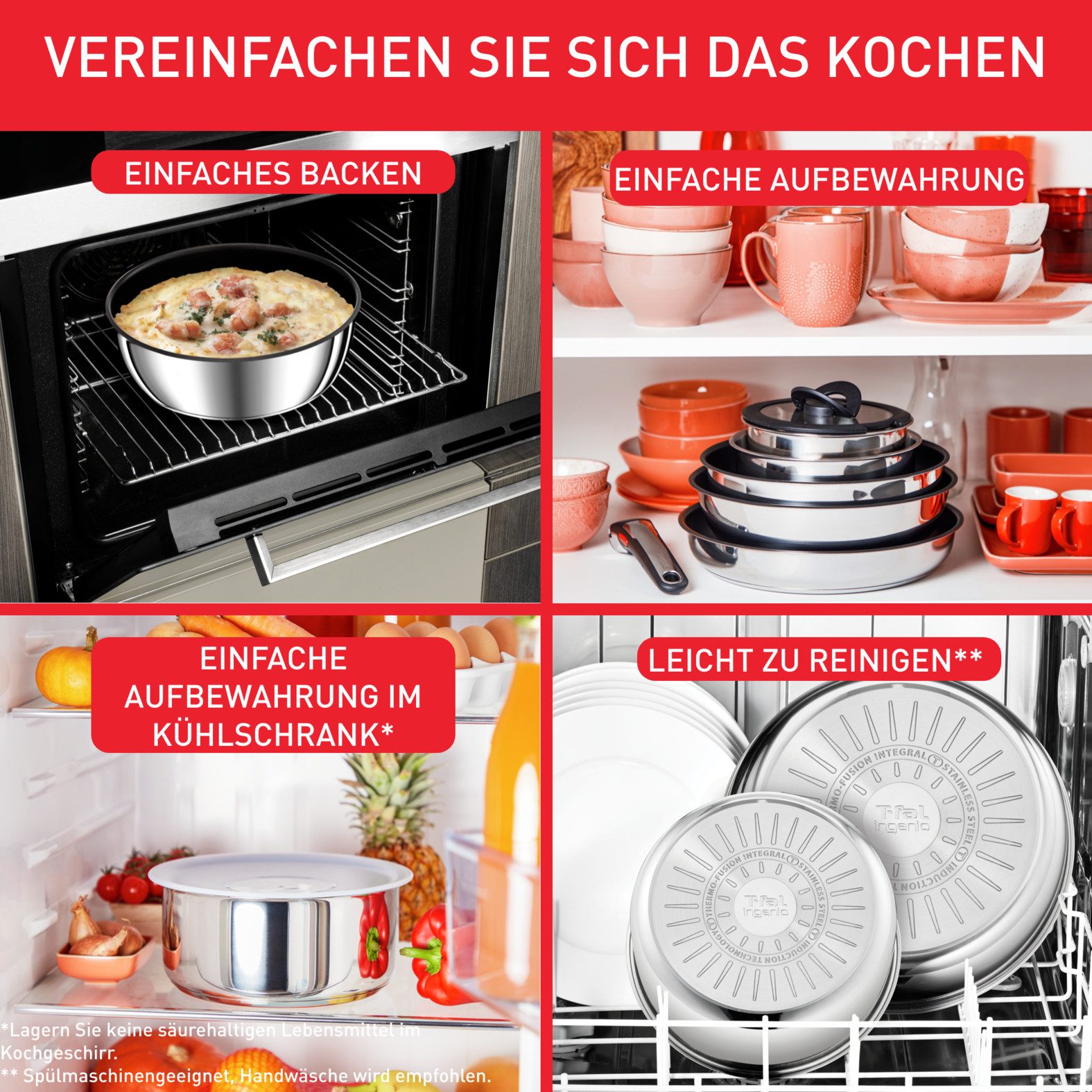 Tefal Topf-Set Ingenio Emotion, Topf und Pfannenset abnehmbarer Griff, stapelbar, Edelstahl (Set, 13-tlg., Pfannen 22/26/28cm, Kasserollen 16/20cm, Griff, Deckel, Accessoires), unversiegelt, Topfset Induktion, platzsparend, stapelbar, L896SD