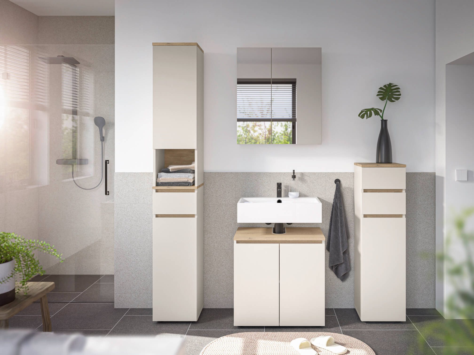 moebel-dich-auf Badmöbel-Set LONDRES, (Set 1, 4-St., Hochschrank, Spiegelschrank, Wbu, Kommode), in kaschmir oder anthrazit, Absetzung: Cremona Eiche