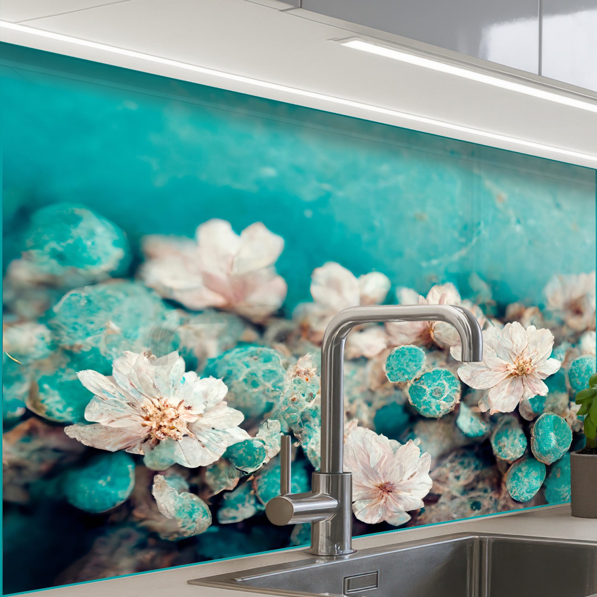 KitchenYeah Küchenrückwand selbstklebend Blumen - Blau - Natur - Weiß, (1-t günstig online kaufen