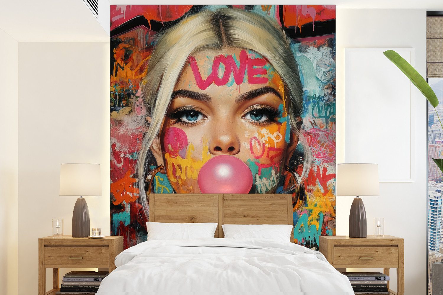 MuchoWow Fototapete Frau - Kaugummi - Graffiti - Liebe, Matt, bedruckt, Montagefertig Vinyl Tapete, Wandtapete, 190x260 cm
