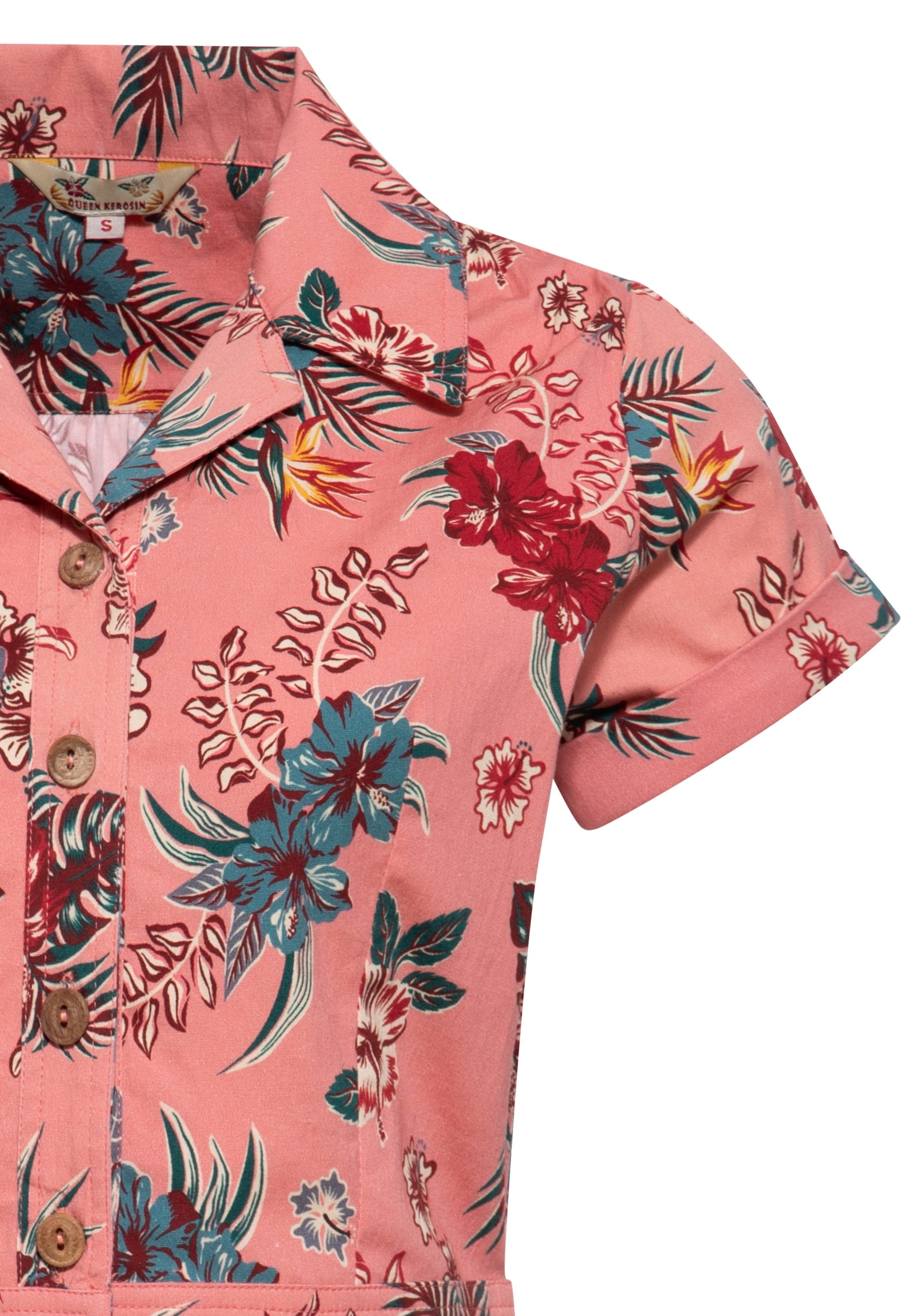 QueenKerosin Kurzarmbluse Hibiscus mit tropischem Allover-Print