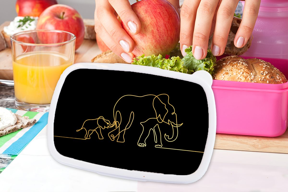 Gold Brotdose Schwarz Brotbox Lunchbox (2-tlg), Snackbox, Kunststoff Erwachsene, MuchoWow - rosa - Kinder, Mädchen, - Minimalismus, für Kunststoff, Elefant