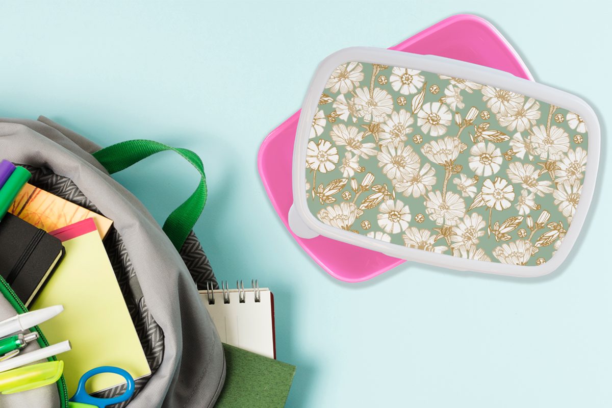 Snackbox, Lunchbox (2-tlg), - MuchoWow Blume Mädchen, Erwachsene, Brotdose - Kunststoff für Kunststoff, Kinder, rosa Jugendstil Design, Brotbox