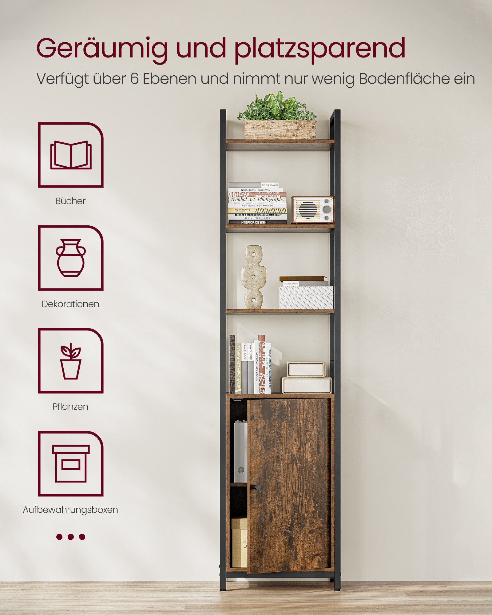 VASAGLE Bücherregal, 6 Ebenen, Regal, Standregal mit Türen, verstellbaren Ablagen