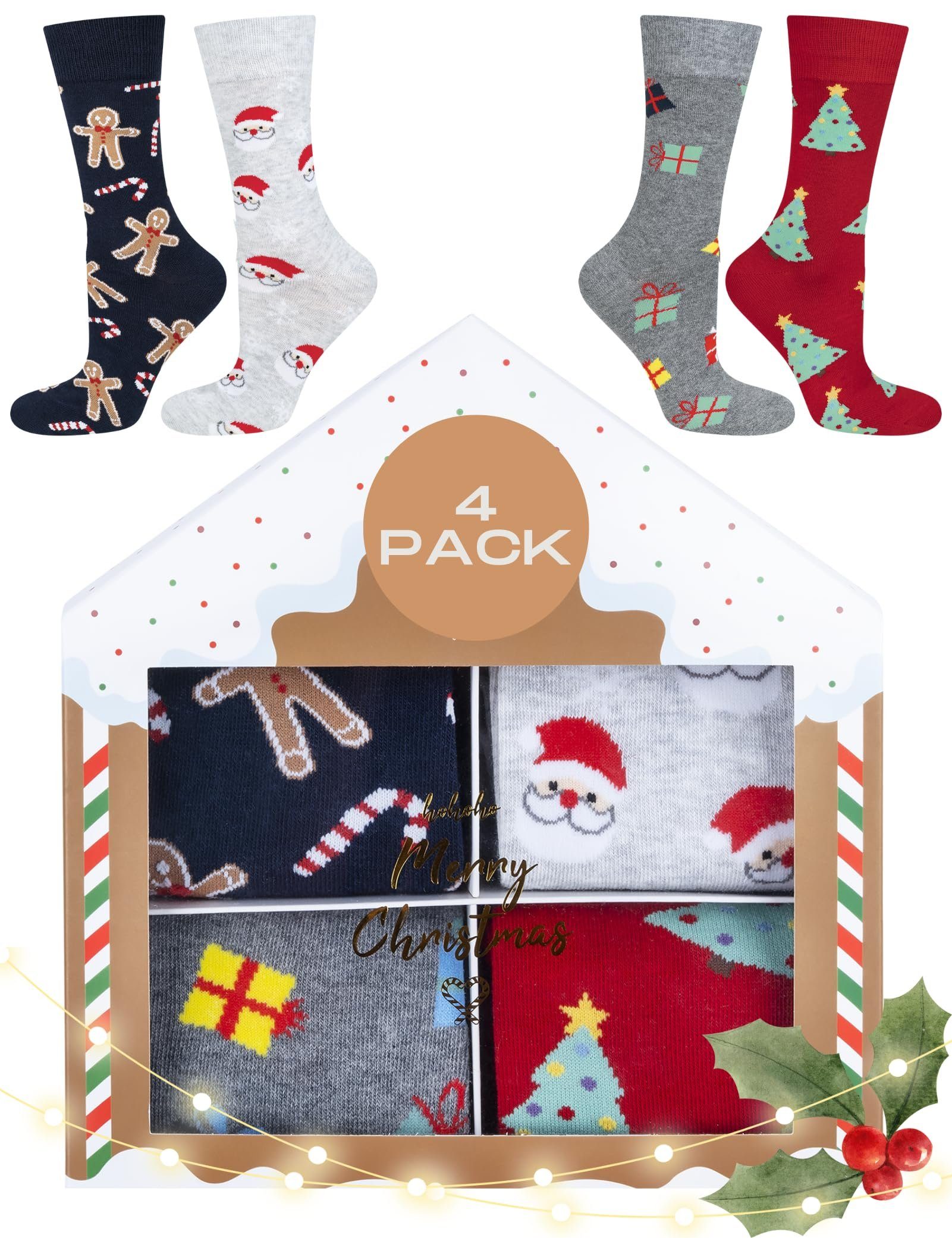Soxo Socken soxo Weihnachten Socken Geschenke Weihnachtssocken Herren Damen 4 Paar (4 Paar) Weihnachten Socken Braunes Haus 1