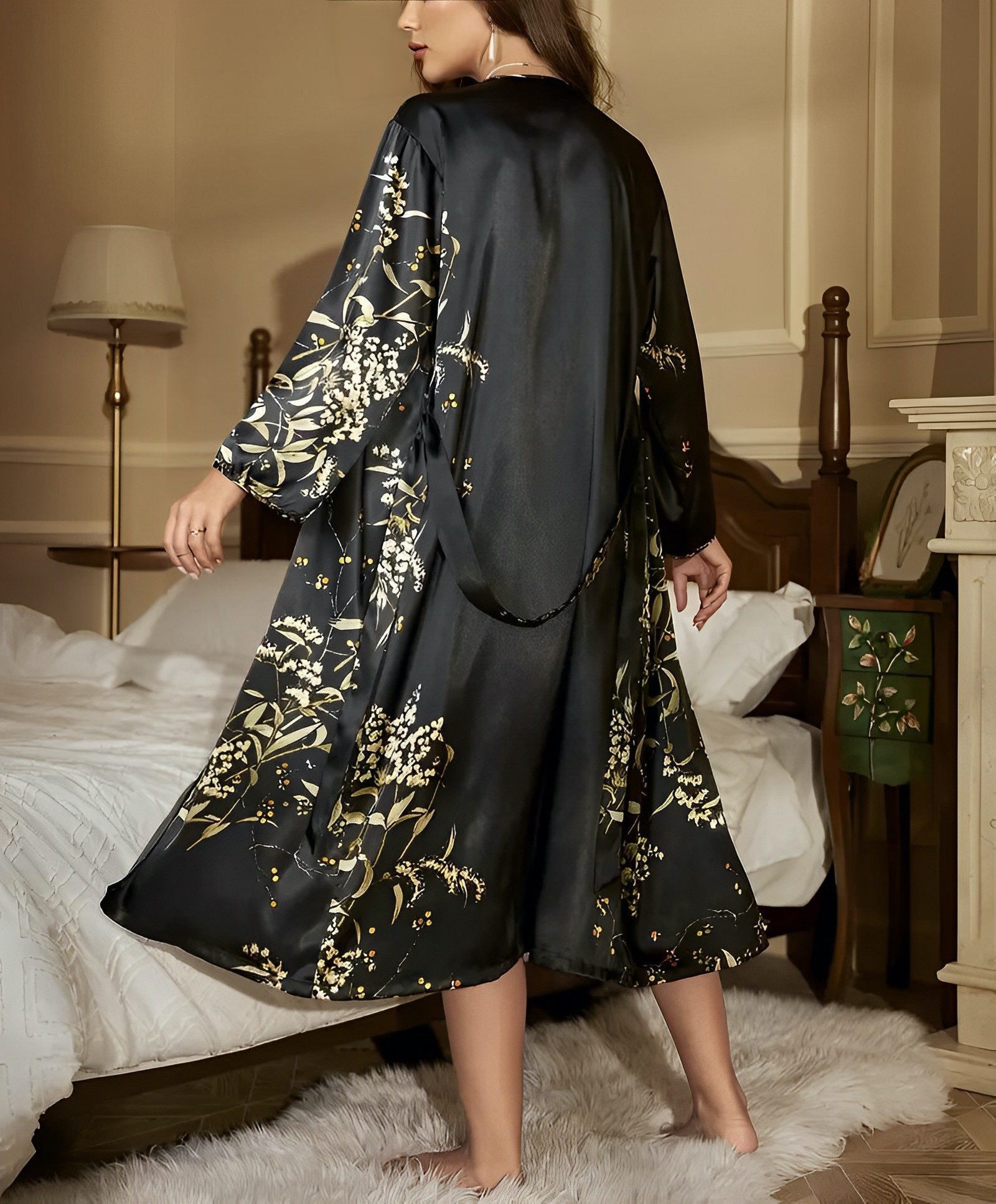 Elegant Love Morgenmantel Satin Pyjama-Set 2-tlg., Damen-Loungewear & Nachtwäsche, Robe + Unterkleid, Gürtel, Negligee mit wasserfallausschnitt