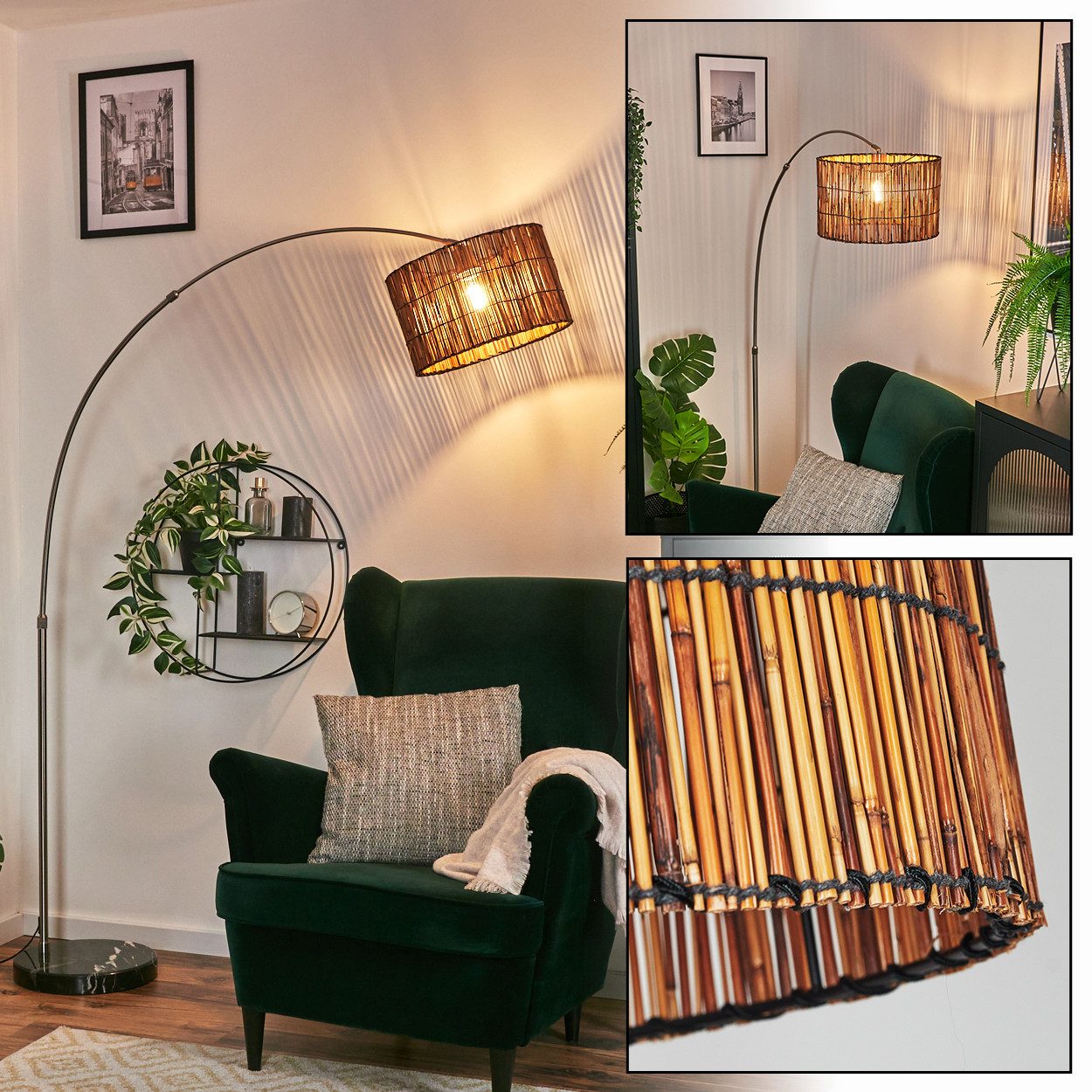 hofstein Bogenlampe Stehlampe aus Metall/Bambus in Nickel-matt/Schwarz/Natur mit Marmorfuß, verstellbare Leuchte im Boho-Design (Schirm Ø 35 cm), Fußschalter, E27
