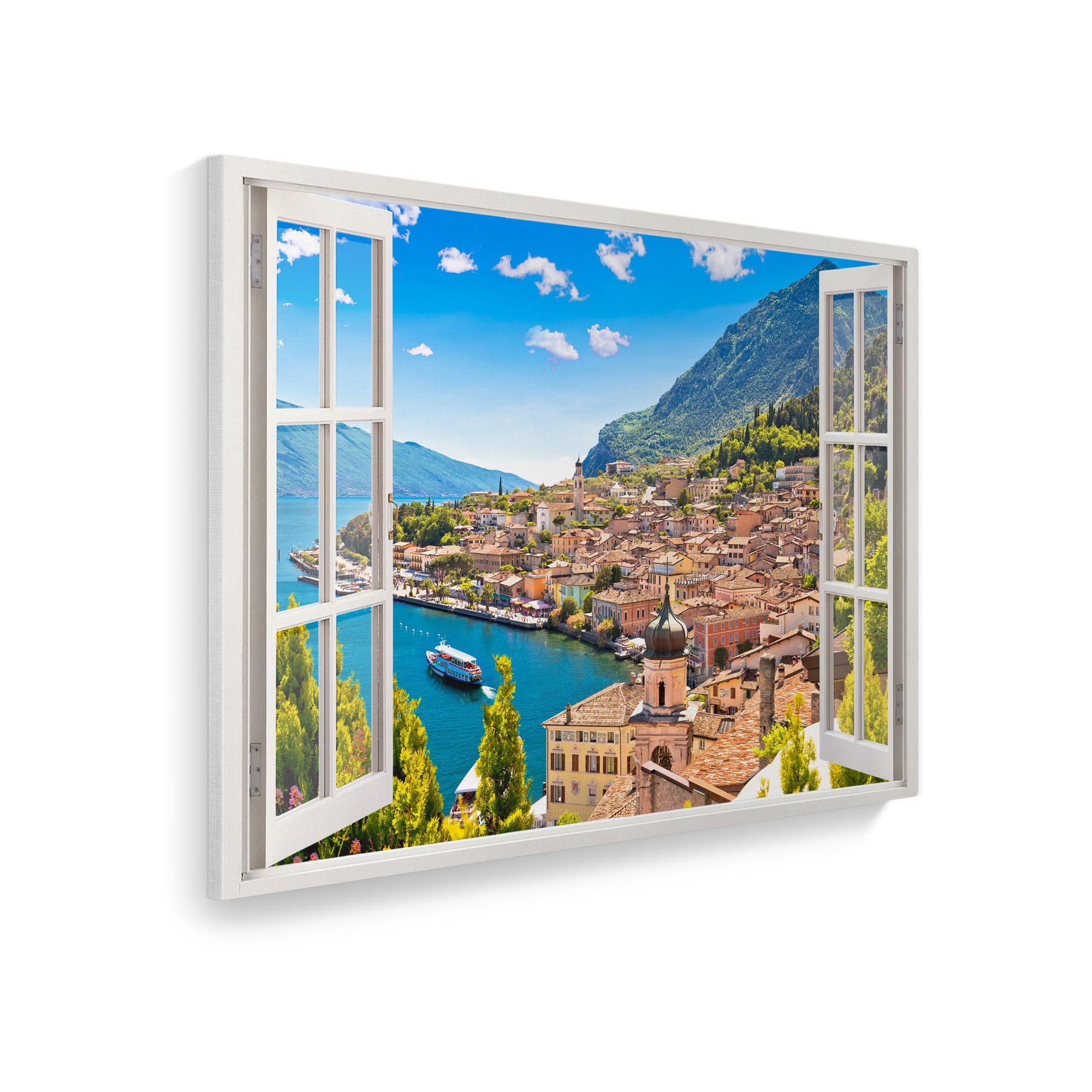 WallSpirit Leinwandbild "Fenster mit Aussicht", Dorf günstig online kaufen