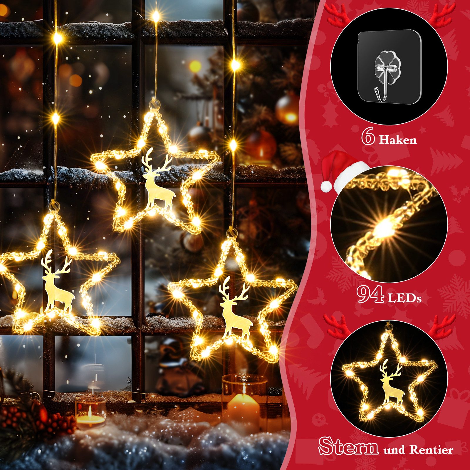 Elegear LED-Lichterkette 0,8/1,2m LED Lichtervorhang Weihnachtsdeko mit haken, Timer, 8 Modi, Weihnachtsbeleuchtung für Fensterdeko, Weihnachtsbaum deko Innen/Außen