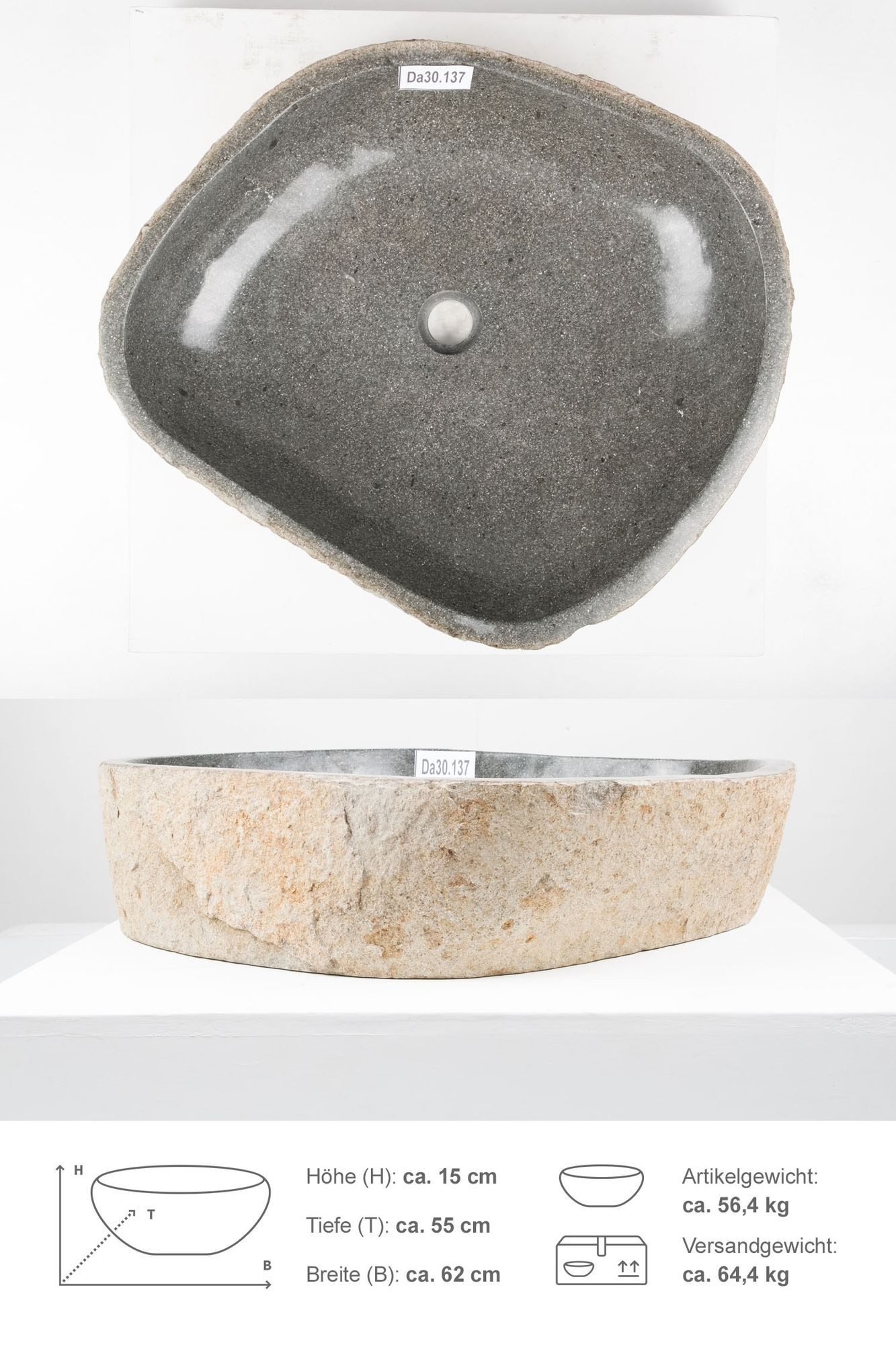 wohnfreuden Aufsatzwaschbecken Naturstein Waschbecken 60 cm, 621_Da30.137