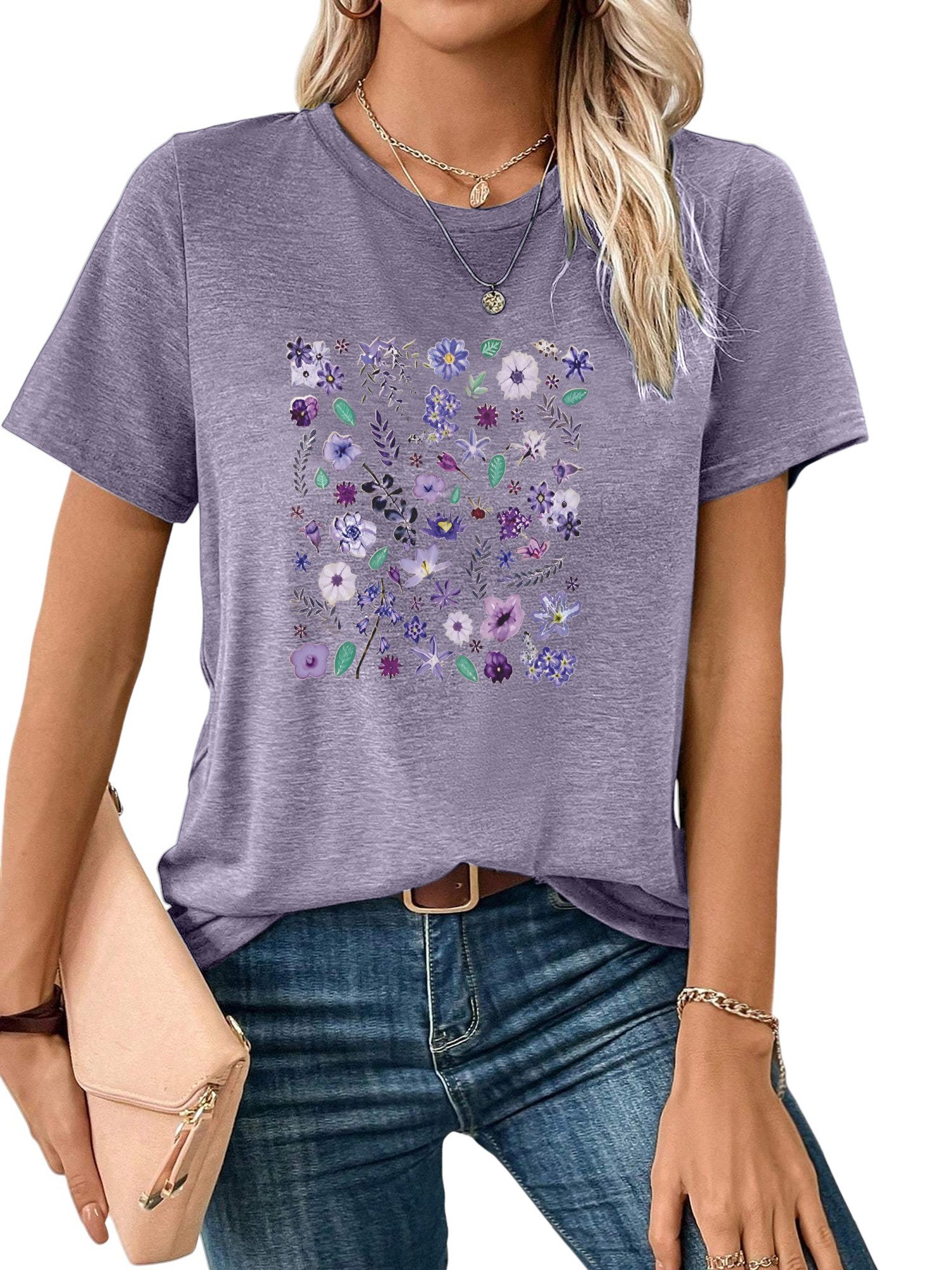 PYLIKE Rundhalsshirt Damen Frühling Casual bequemes t shirt mit Lavendel Pr günstig online kaufen