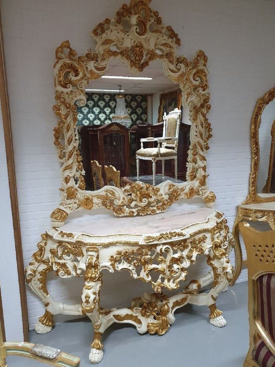 Creme Luxus Prunkvoller mit Barock Konsolentisch - - Gold Spiegelkonsole Möbel und Wandspiegel Barock Barockspiegel Casa Marmorplatte Padrino Massivholz /