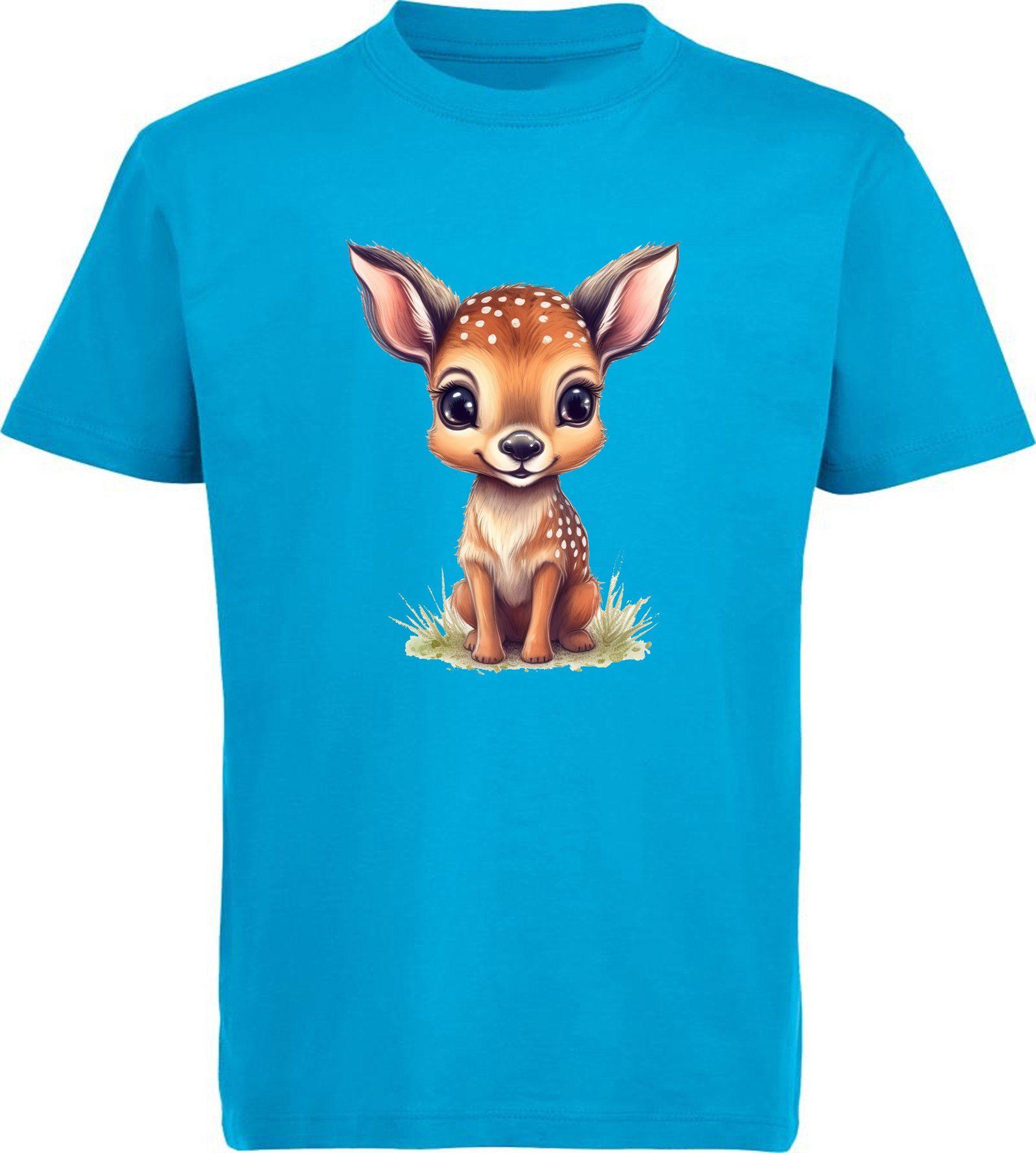 MyDesign24 T-Shirt Kinder blau - Rehkitz Shirt mit bedruckt Print Baby Wildtier aqua Reh Aufdruck, Baumwollshirt i269