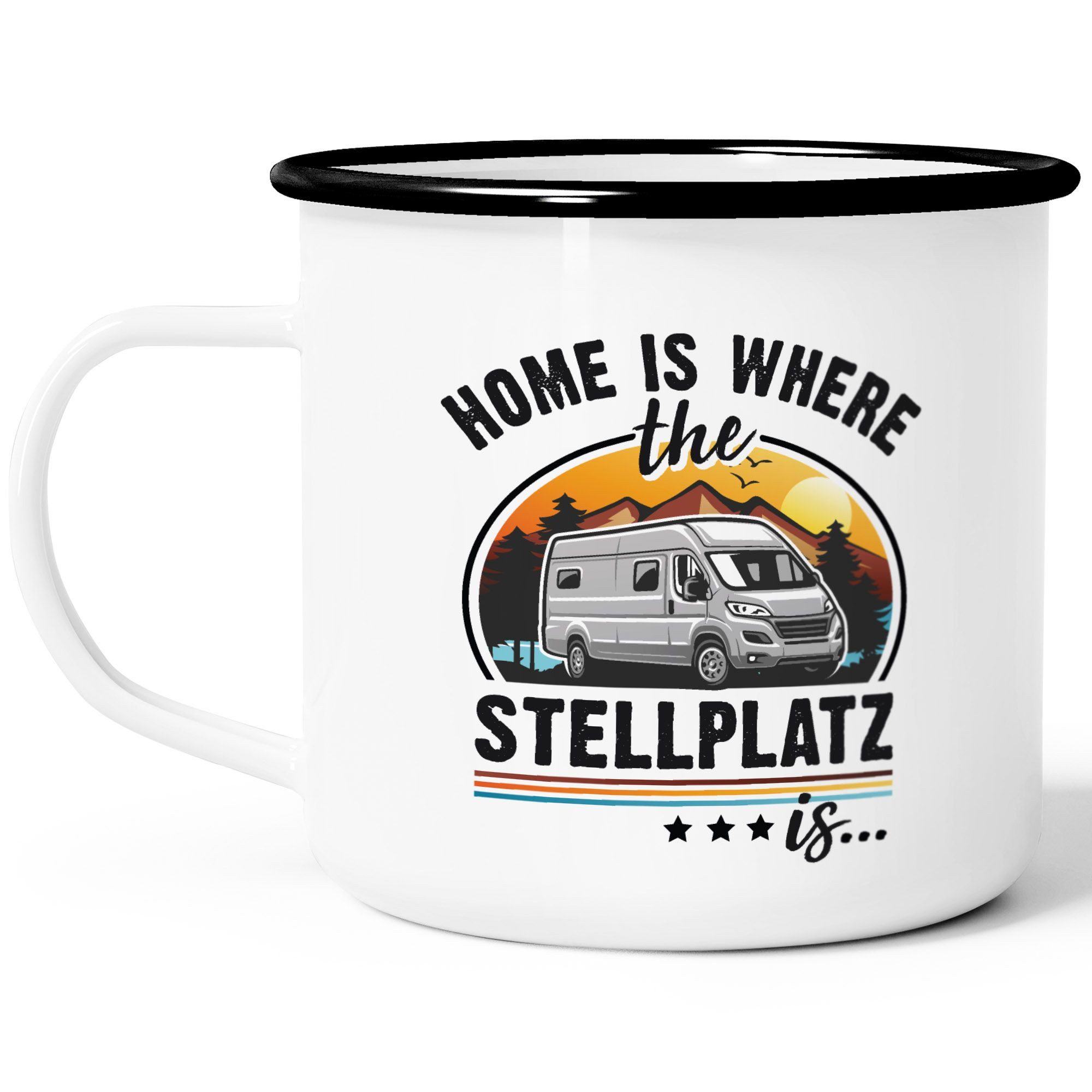 MoonWorks Tasse Emaille-Tasse Camping Home is where the Stellplatz is Geschenke für, Metall, emailliert und mit Aufdruck