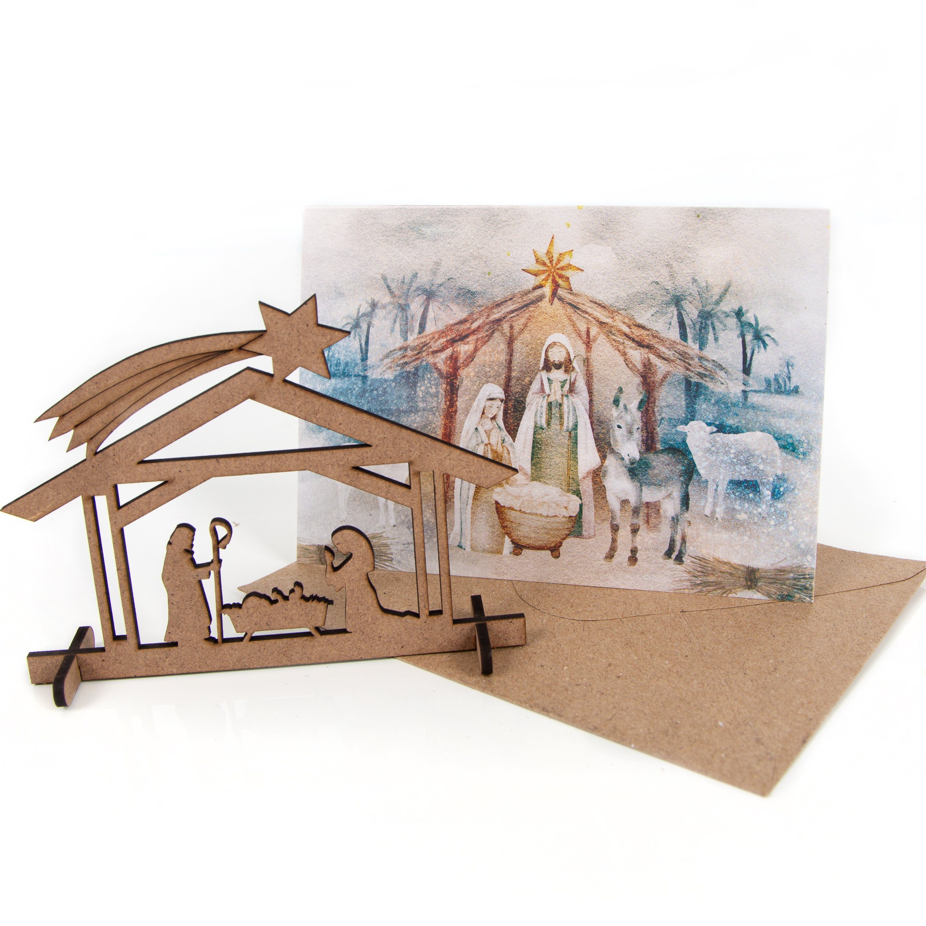Logbuch-Verlag Geschenkbox 3 Weihnachtskarten 3 mit Weihnachtskrippe Kuvert St), + A6 braun zusammenbauen Krippe DIN aus in Holz (Spar-Set, zum