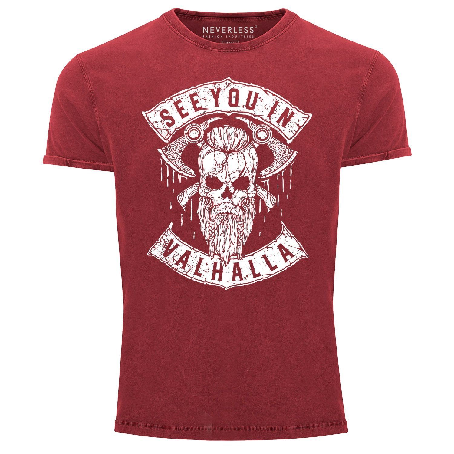 Neverless Print-Shirt Herren Vintage Shirt See You in Valhalla Wikinger Totenkopf Skull Printshirt T-Shirt Aufdruck Used Look Neverless® mit Print rot