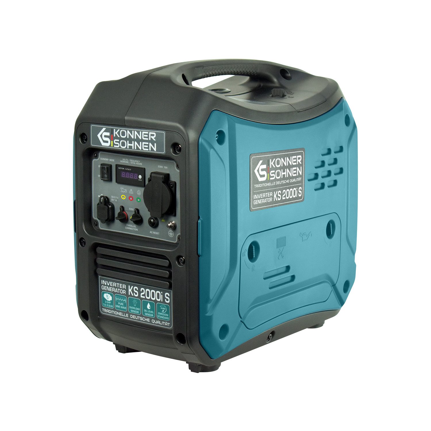 Könner & Söhnen Stromerzeuger KS 2000i S, 2,00 in kW, (Invertergenerator. Schalldichtes Gehäuse (62 dB Lpa 7 m), 1-tlg., Schuko 230V, 2 x USB-Anschluss, LED-Anzeige, ECO-Modus), Kurzschluss- und Überlastschutz, EURO V