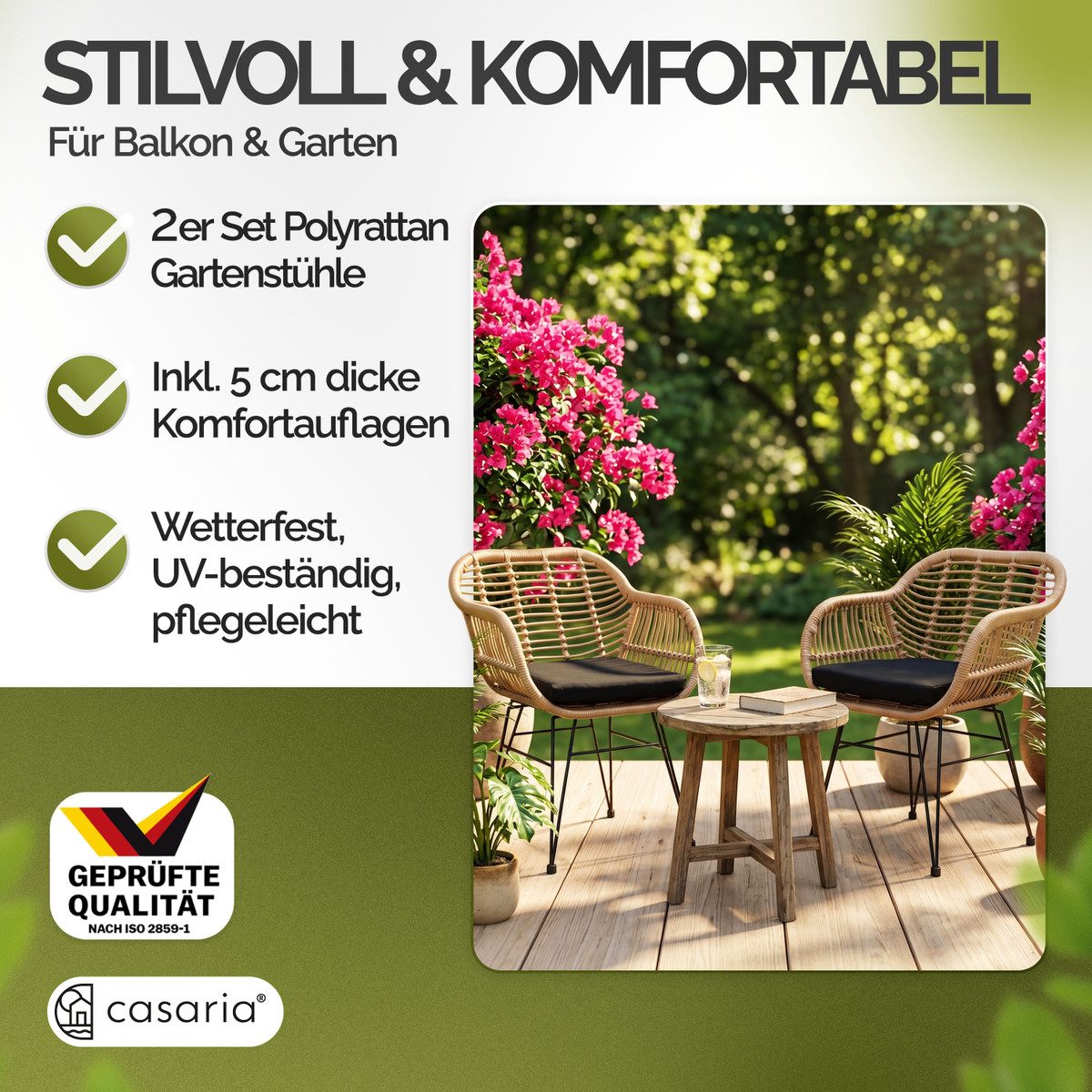 Casaria Gartenstuhl Bali (2 St), Polyrattan 5cm Auflage 59x56x83cm Armlehnen Metall Wetterfest