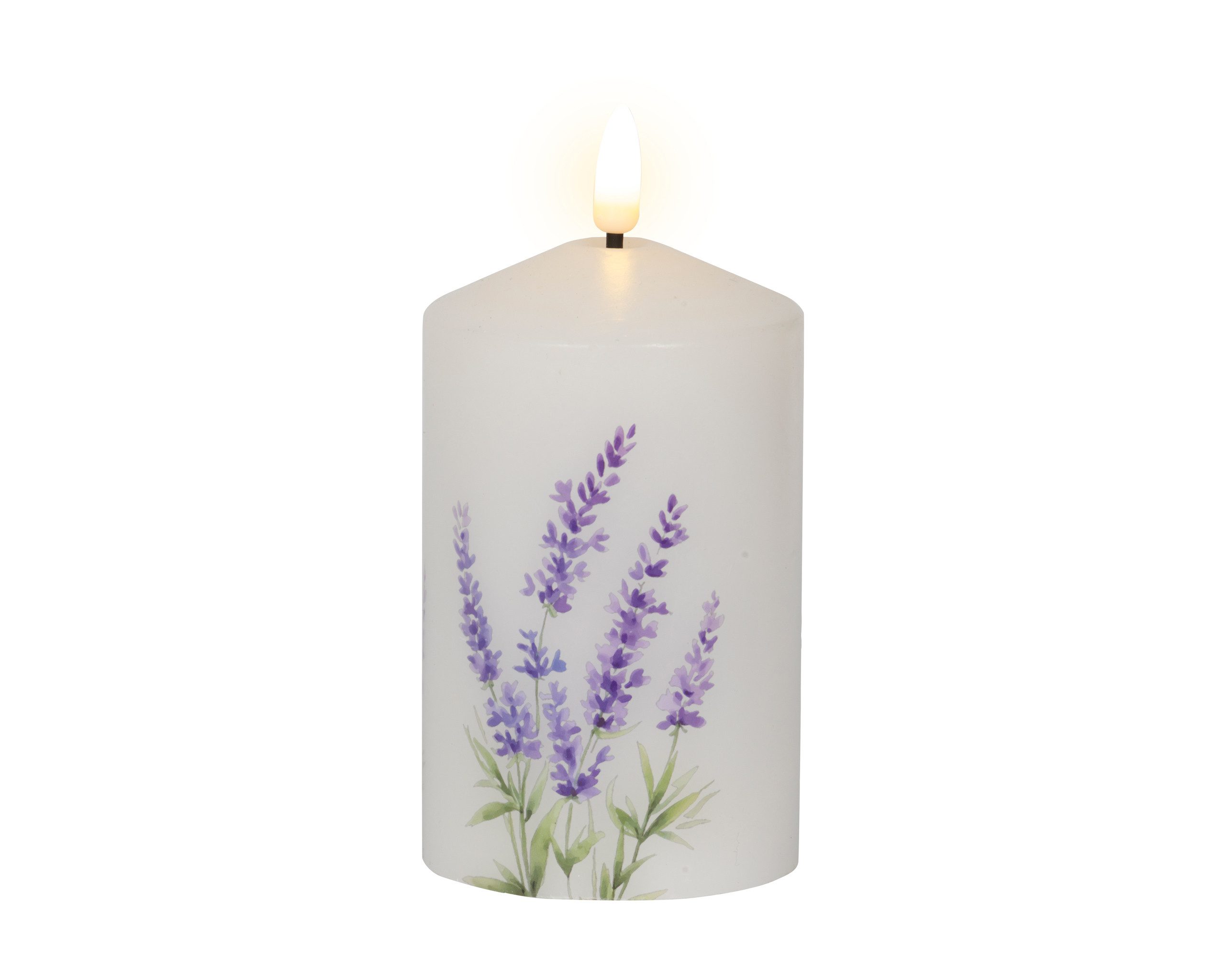 Lumineo LED-Kerze, Dauerlicht, warmweiß, LED Kerze 7x14,5cm Lavendel Motiv Wachs Batterie Weiß