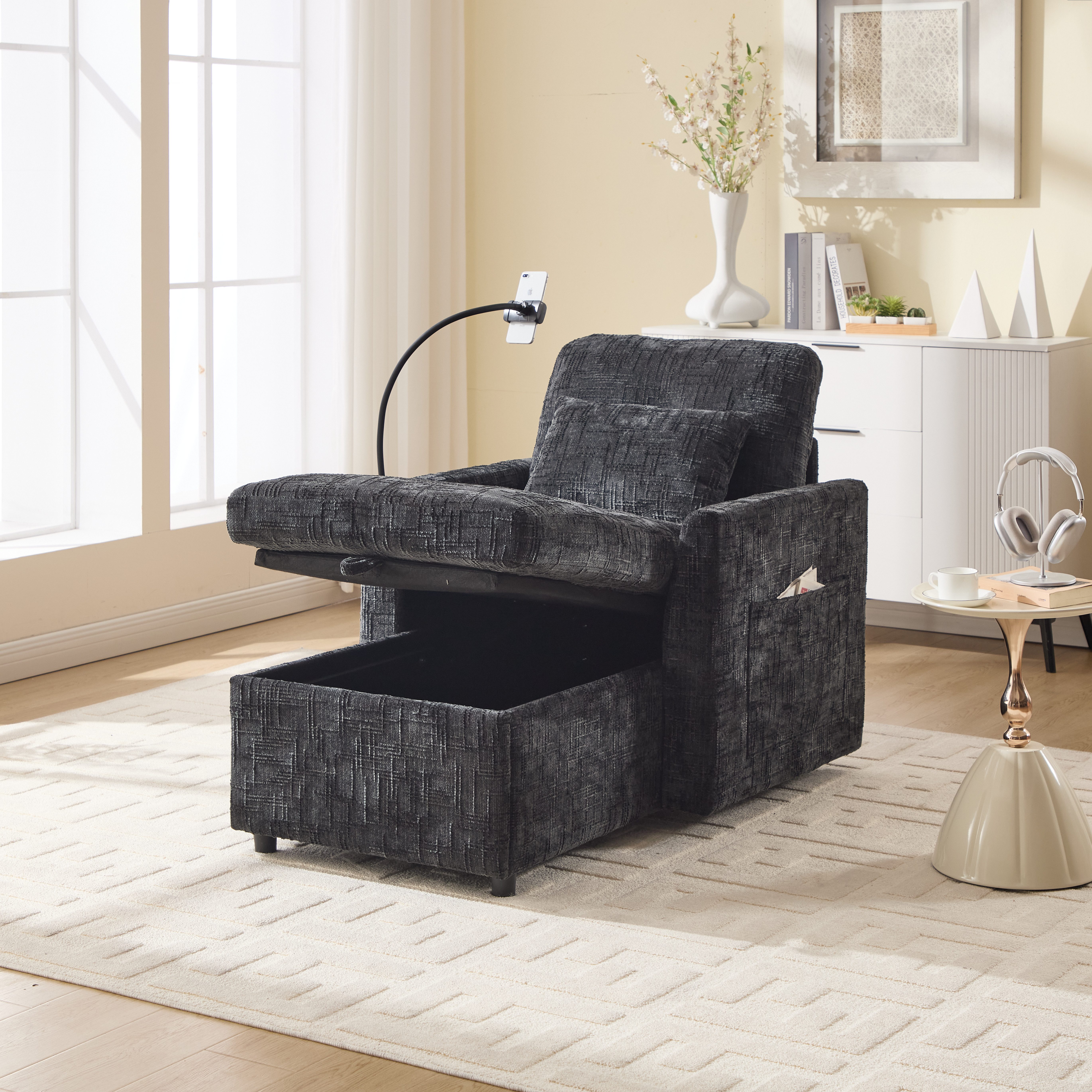 HAUSS SPOLE Sofa mit Schlaffunktion, Relaxsessel mit Handyhalterung,Wohnzimmersofa, Multifunktionales Faulenzersofa mit Handyständer, Stauraum & Chenille-Stoff, Komfortabler Einzelstuhl, für Wohnzimmer, Schlafzimmer & kleine Haushalte, bis 250 kg