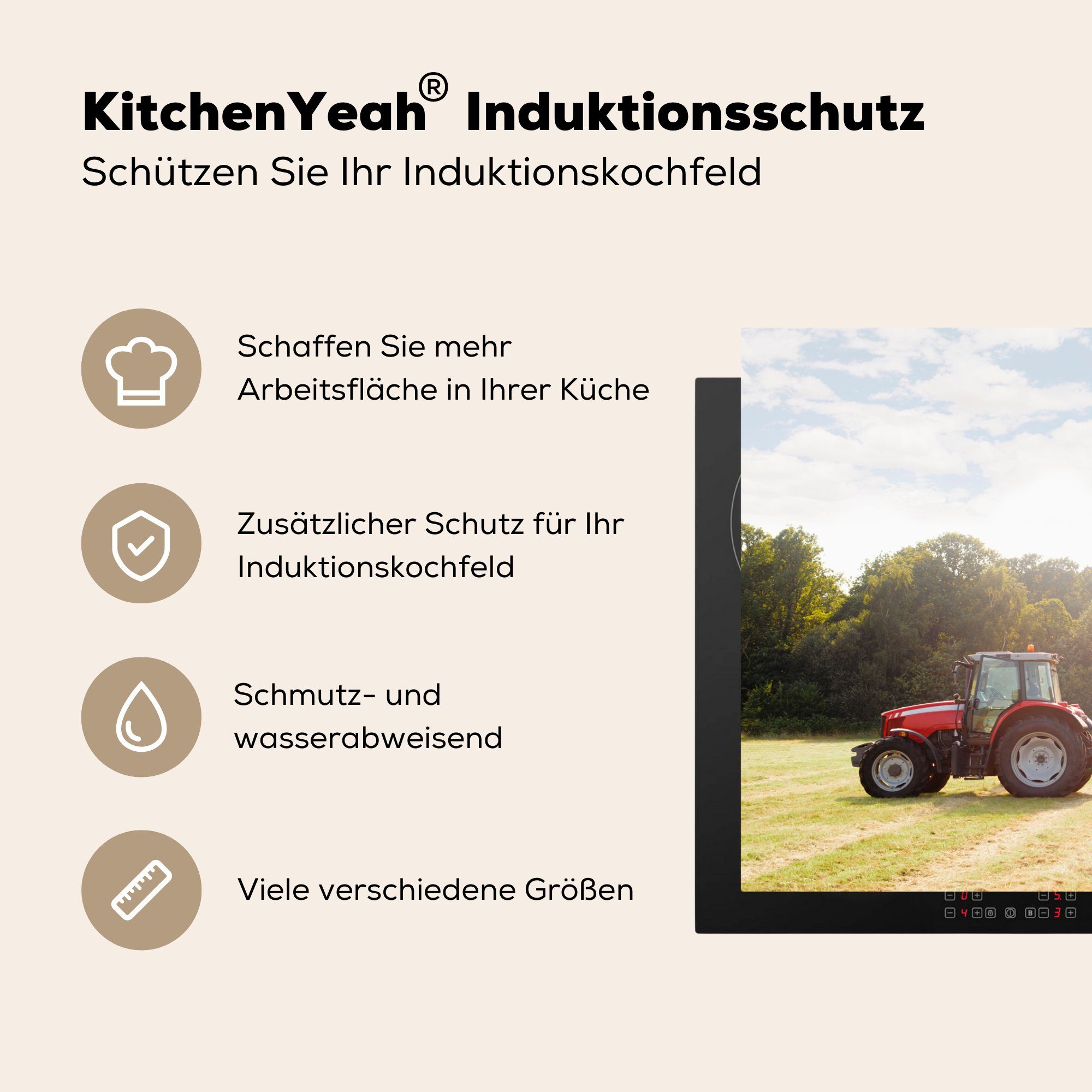 Herdblende-/Abdeckplatte - Vinyl, tlg), (1 Heu, Induktionskochfeld 81x52 Anhänger die Traktor Ceranfeldabdeckung cm, küche, für Schutz - MuchoWow