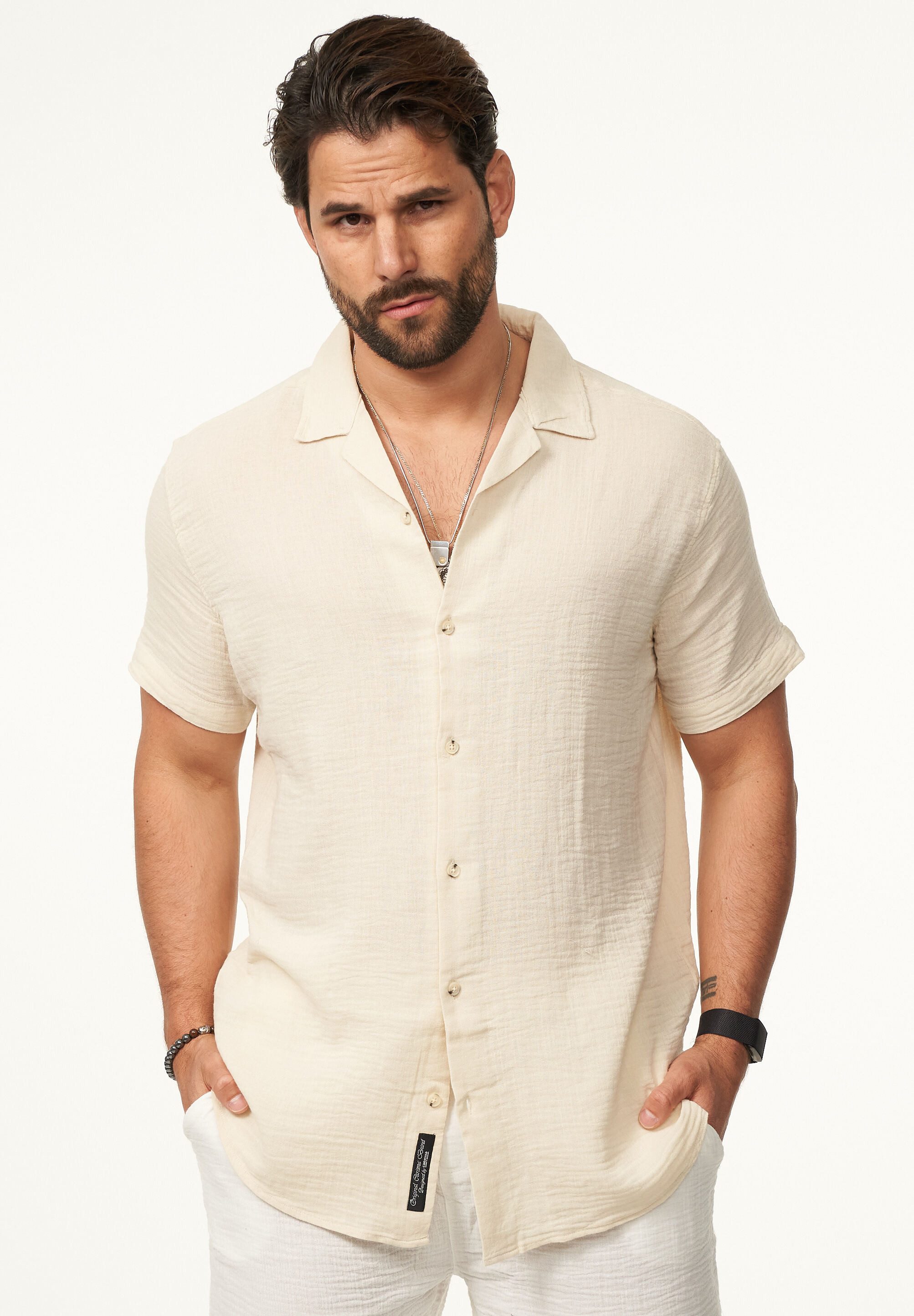 CARISMA Kurzarmhemd im Vintage Summer-Look in Crinkle Optik Herren luftig leichtes Kurzarm Feinstrick Polo-Hemd T-Shirt