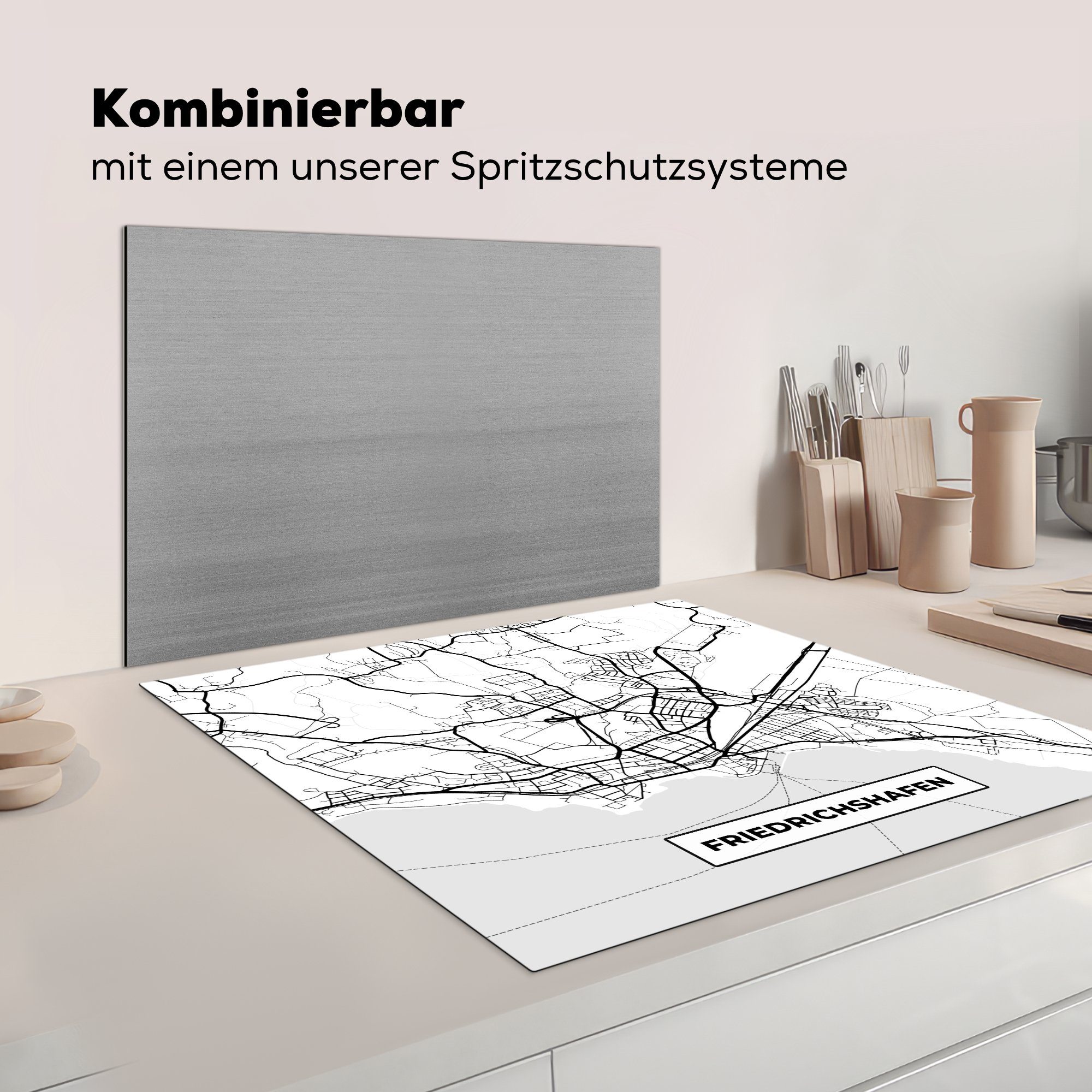 cm, (1 - - für Arbeitsplatte Ceranfeldabdeckung, Stadtplan, - Friedrichshafen Karte Vinyl, tlg), Herdblende-/Abdeckplatte MuchoWow Karte 78x78 küche