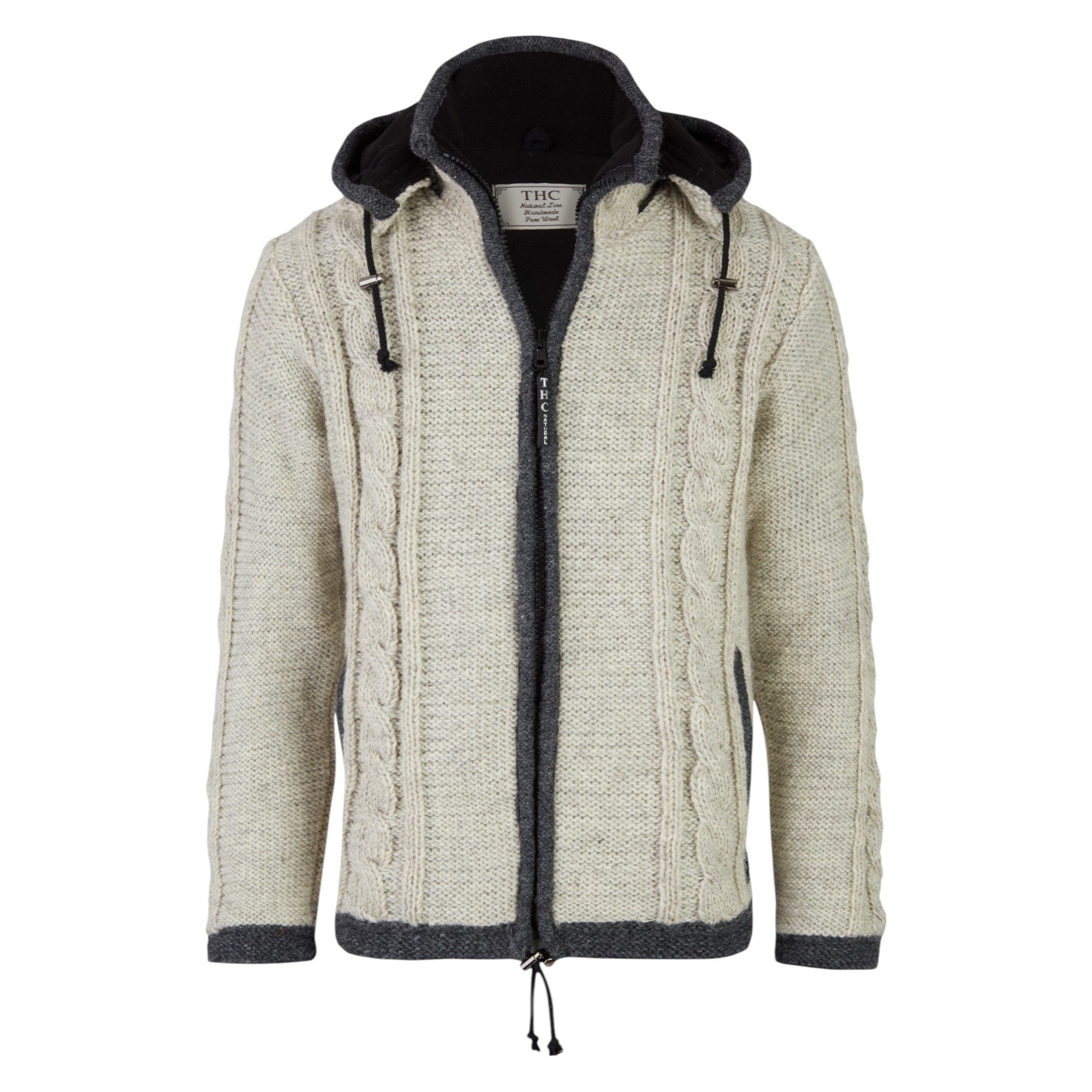 THC Natural Line Strickjacke THC Schafwollstrickjacke 850 weiß (1 Stück, 1-tlg., 1 Stück) abnehmbare Kapuze