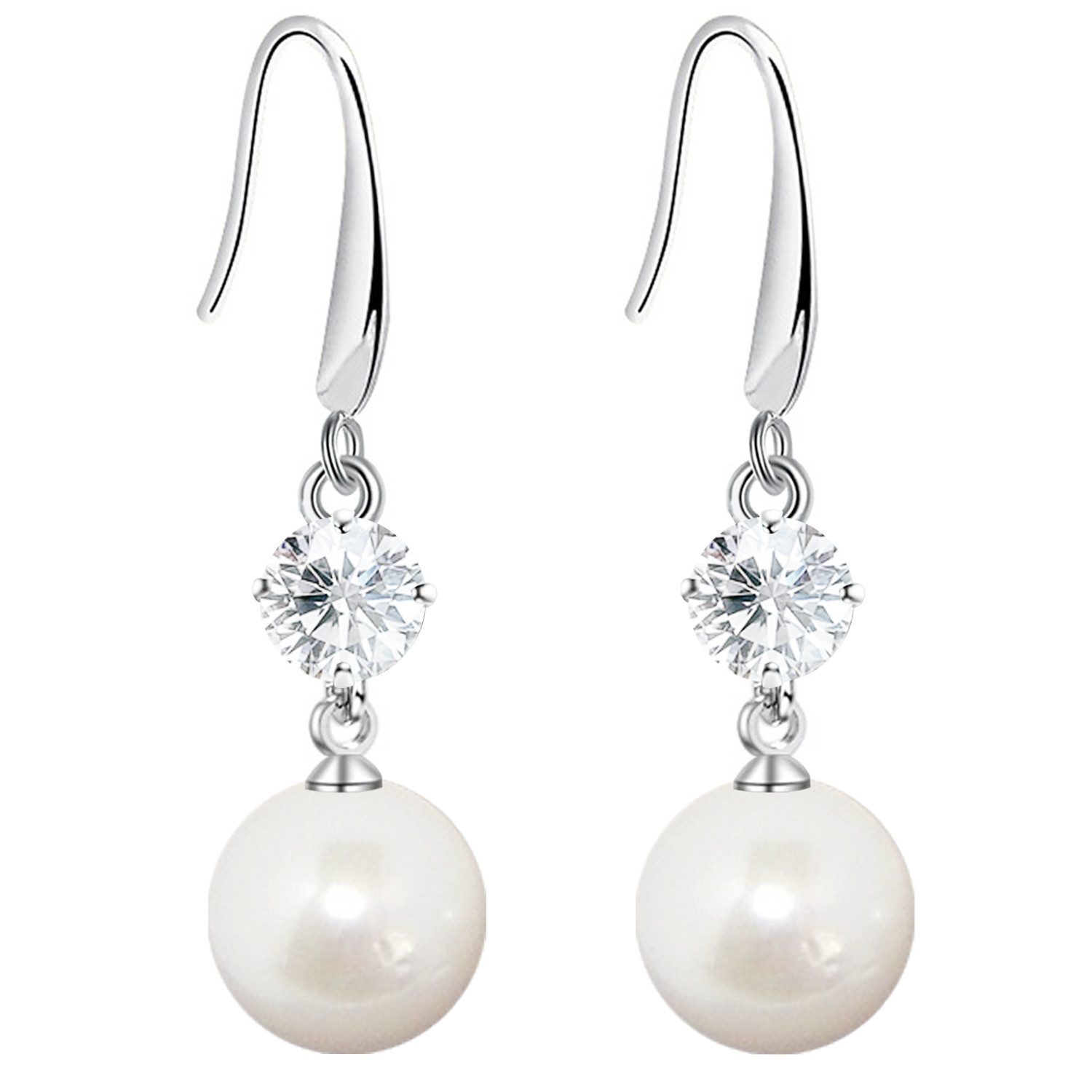 LÖB Perlenohrringe Damen Perlenohrringe Ohrringe Hängend mit Perlen Zirkonia Lang Silber (Liebe Geschenke für Frauen Beste Freundin Mutter Mama Damen Ehefrau sie zum Geburtstag Valentinstag, Inkl. Schmuckbox), Kristall Tropfen Ohrhänger Tropfenform Elegant Braut Brautschmuck Weiß