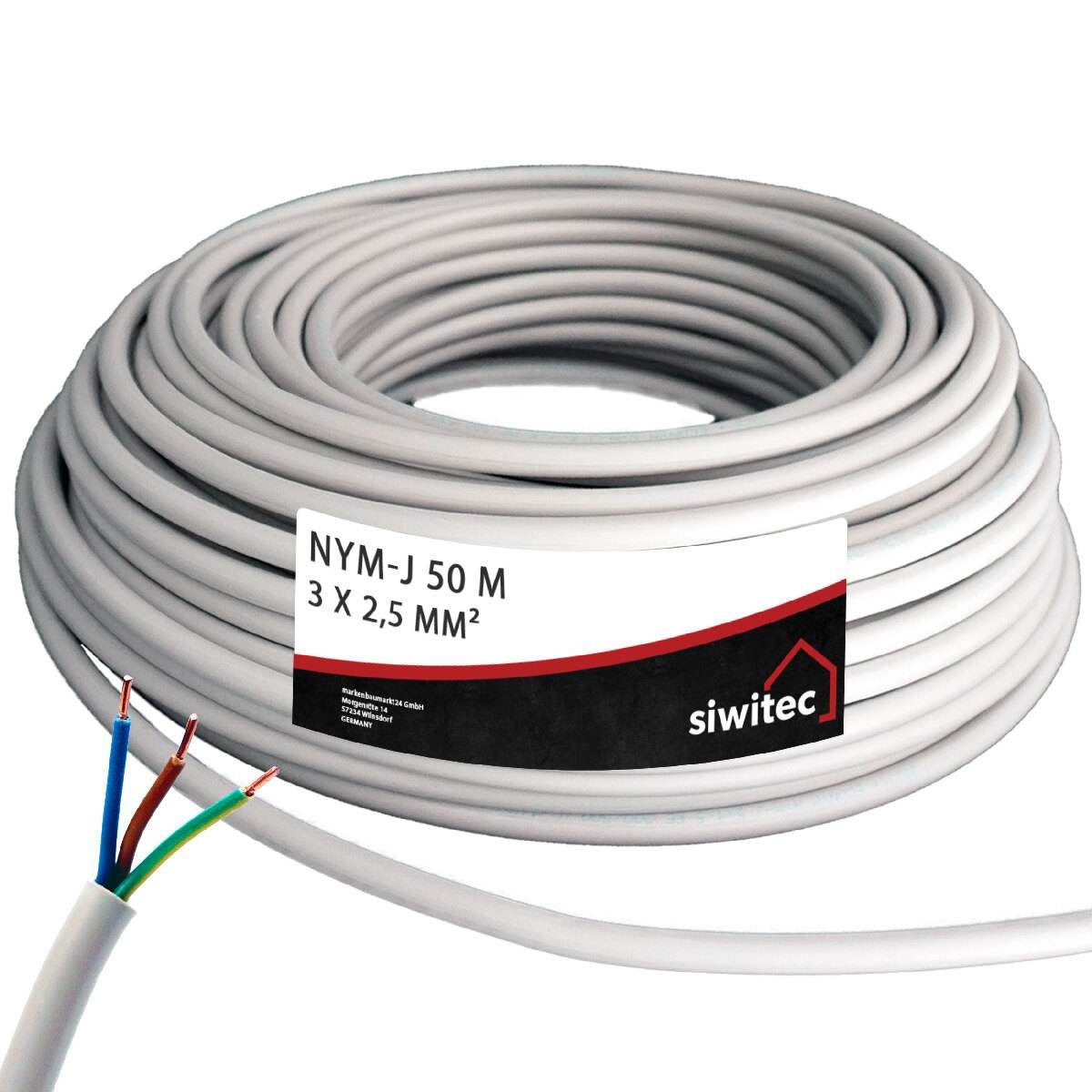 siwitec Kabel, J 3 x 2,5 mm2, 50 m Kabelring, Installationskabel, Mantelleitun Stromkabel, (5000 cm)