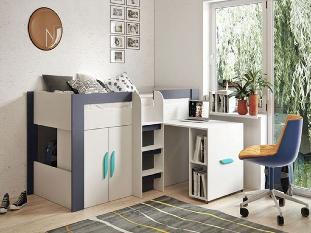 Feldmann-Wohnen Hochbett TABLET (Etagenbett mit Kleiderschrank und Schreibtisch) Farbe wählbar weiß / graphit - Griffe türkis
