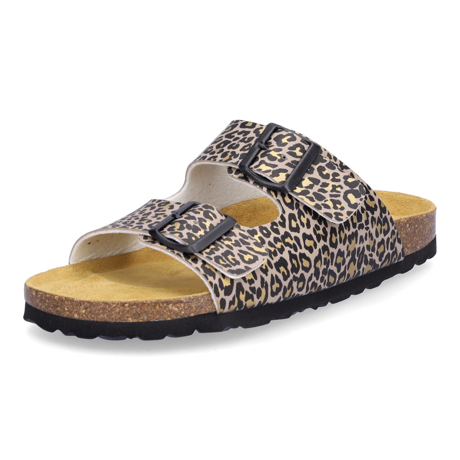 MIDS MOMO Damen Pantolette leo Animalprint, Zweiriemer mit ergonomischem Fußbett & Schnallen