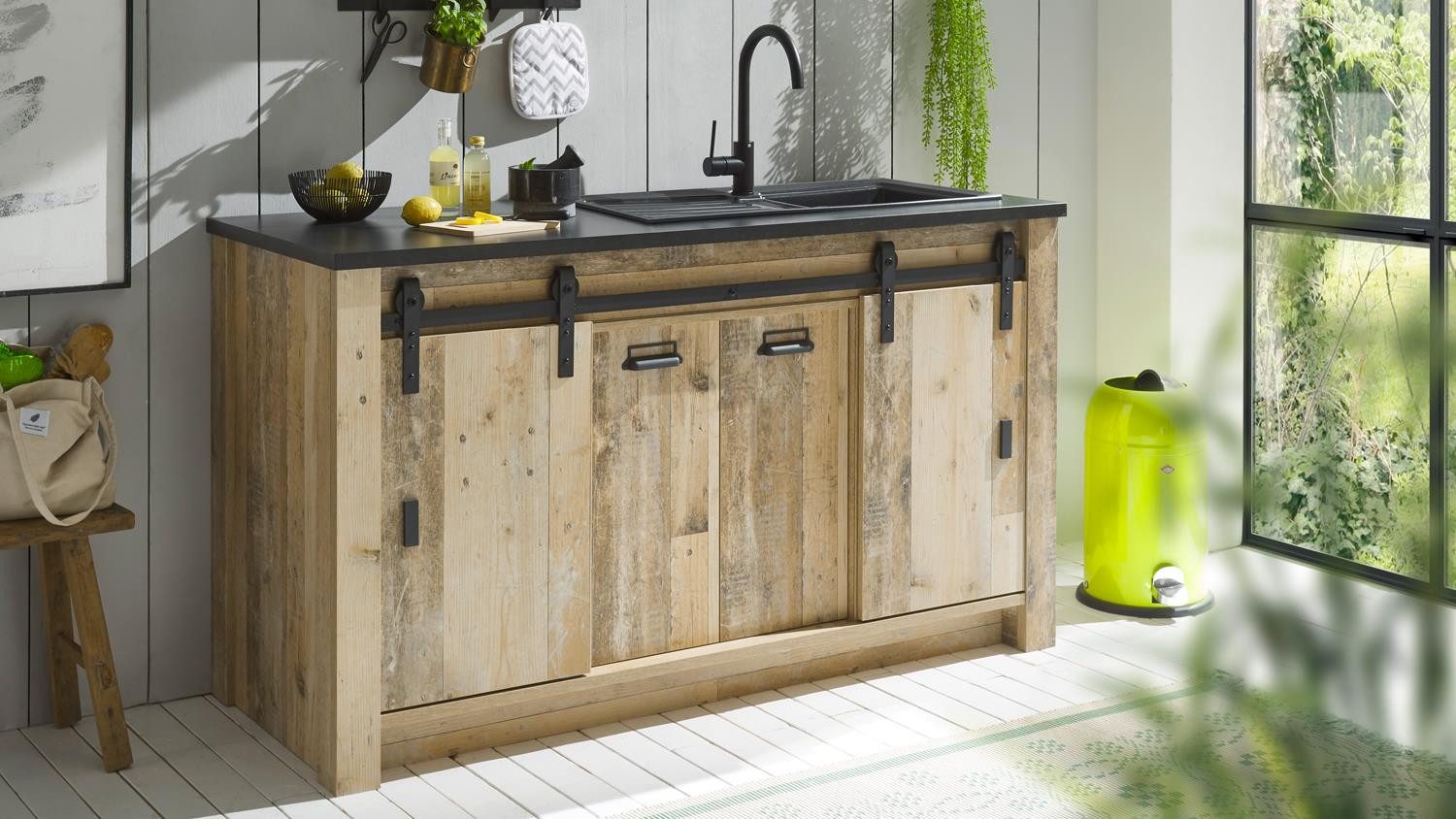 Möbel Akut Spülenunterschrank Spültisch Sherwood Küchenschrank Old Style hell 4 Türen 161 cm