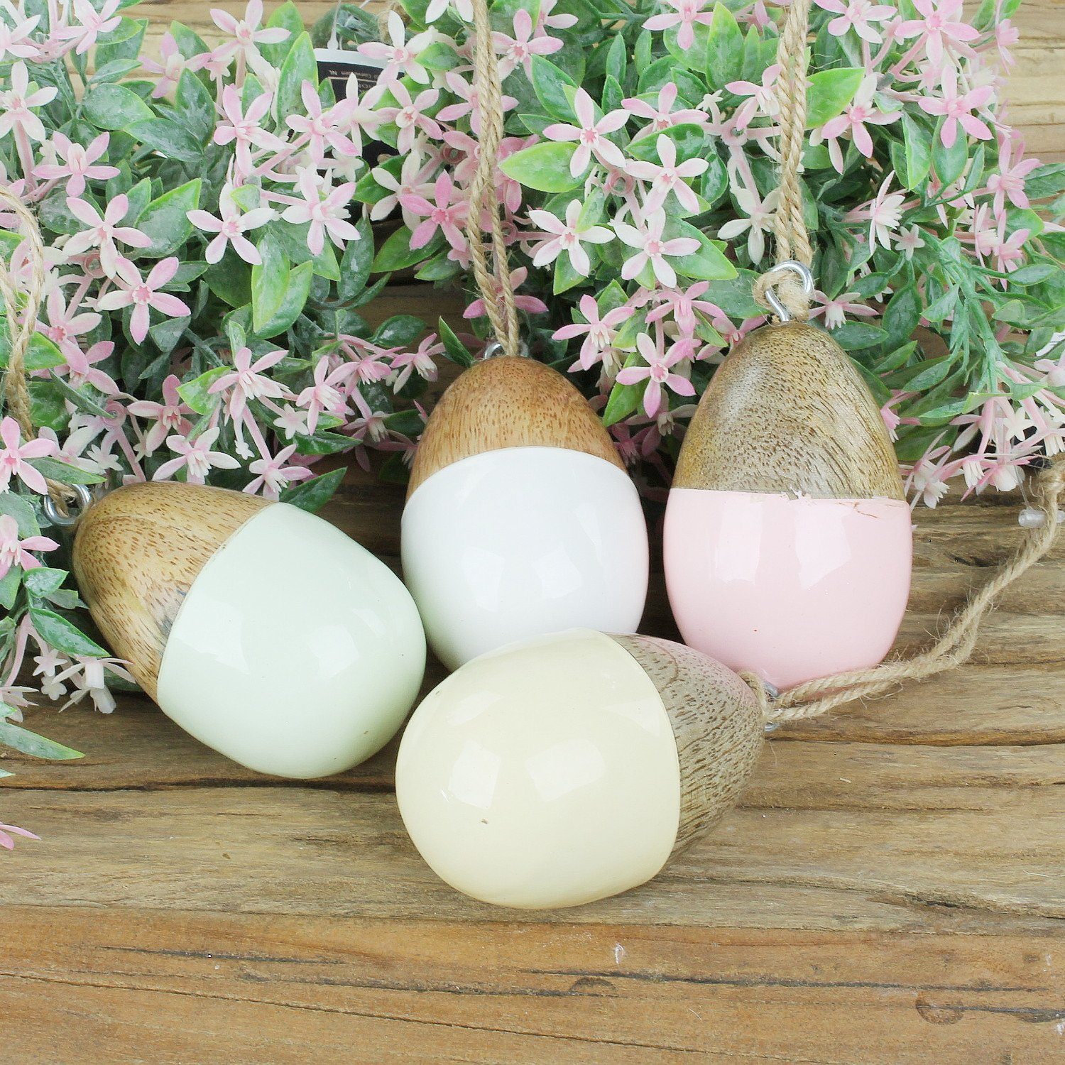 Macosa Home Osterei Oster-Deko Ei Osterdekoration Dekoeier Frühlingsdeko Ostereier (2 St), DJ38106 2er Set Oster-Eier Holz gelb Holzeier zum Hängen Oster-Deko