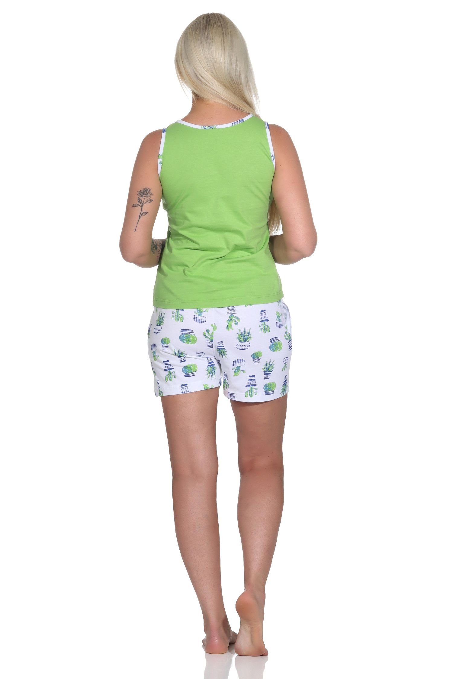 Normann Pyjama Ärmelloser Damen Schlafanzug mit Kaktus als Pyjama Motiv Shorty grün