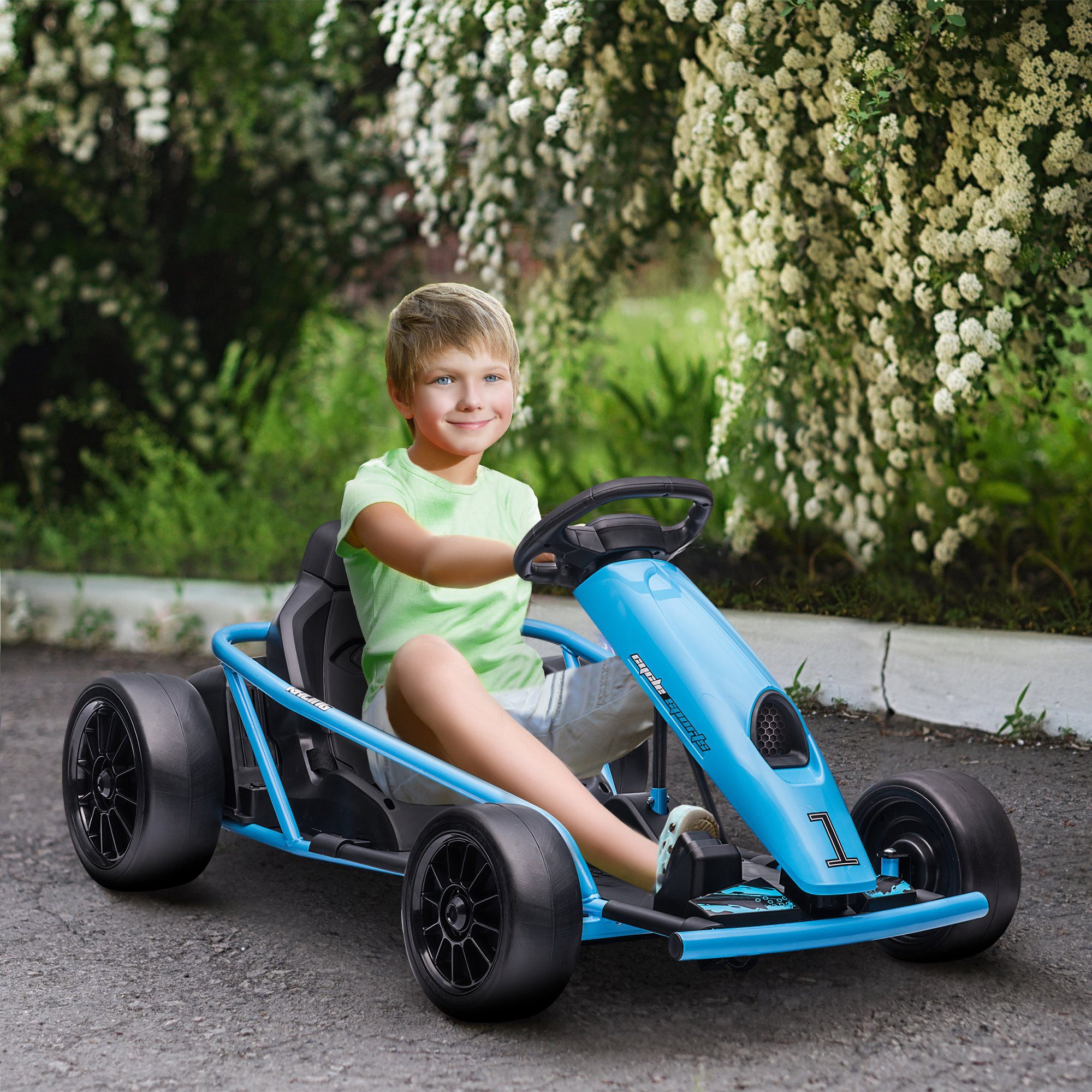 Novzep Go-Kart Elektro-Gokart für Kinder, Drift-Funktion, Hupe, Musik, Sicherheitsgurt, Soft-Start