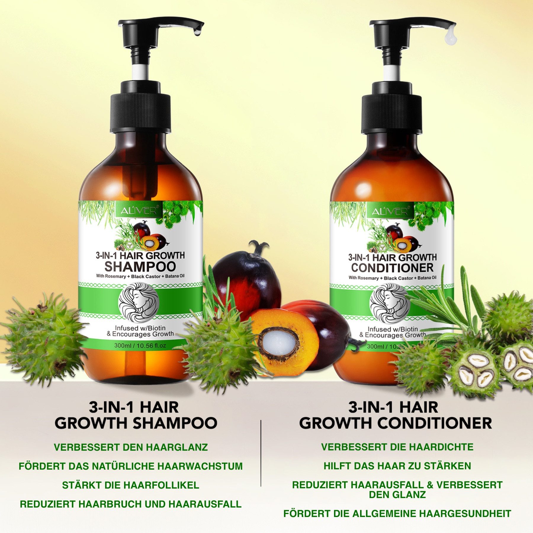 ALIVER Haarpflege-Set Shampoo Conditioner Haaröl mit Biotin Rosmarin Rizinus Batana, Alkoholfrei, Ammoniakfrei, Enthält Mineralien, Enthält Vitamine