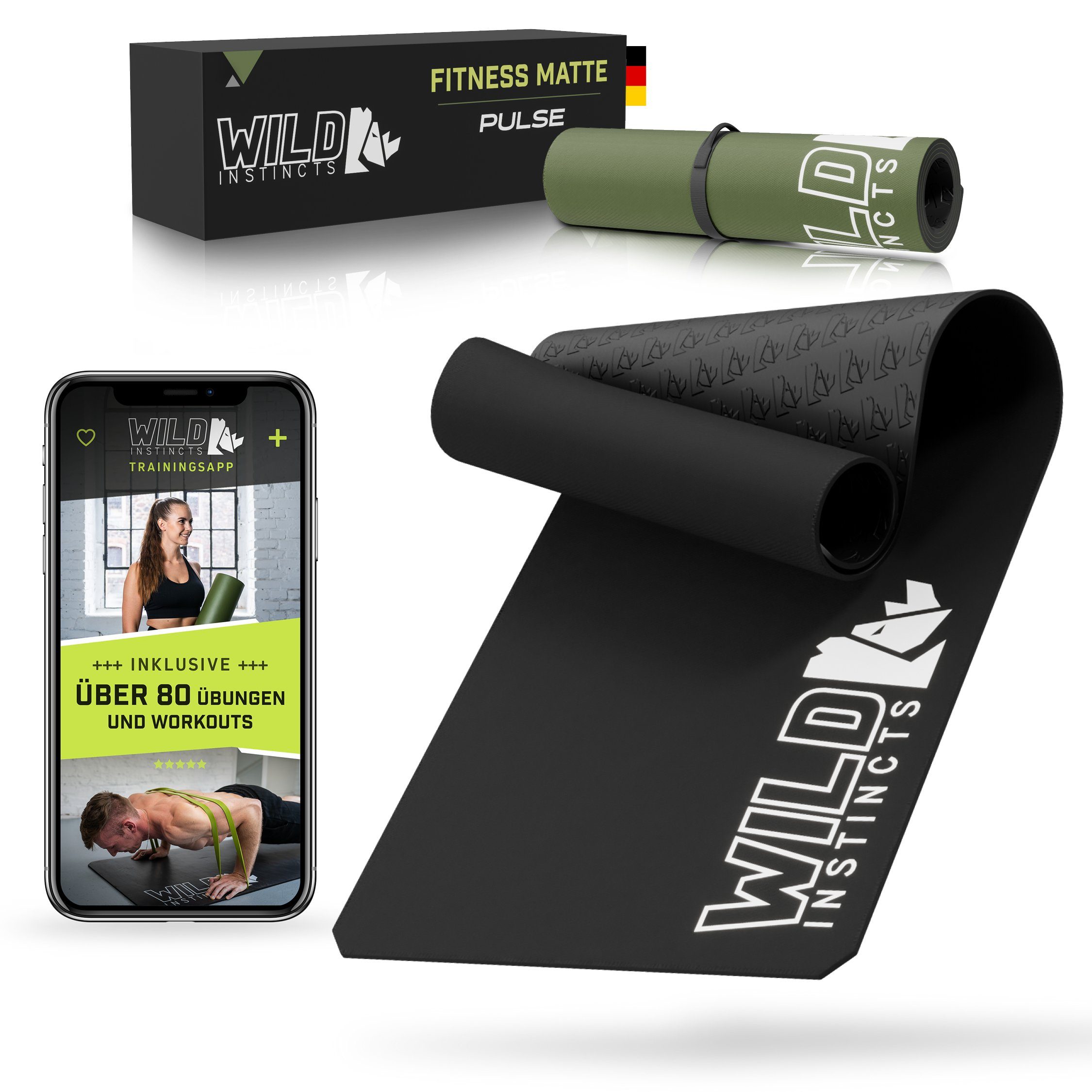 Wild Instincts Fitnessmatte Pulse, 185cm x 66 cm & 7mm/Sport Matte/Workout Matte/Rutschfest Pure Black