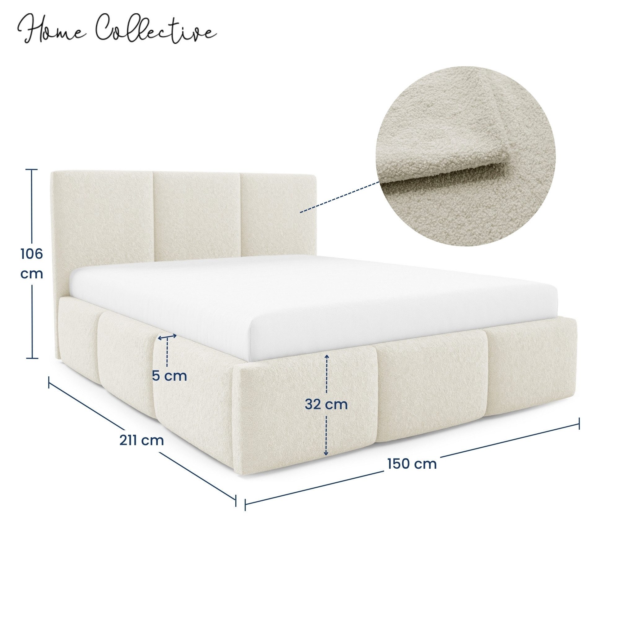 Home Collective Polsterbett Bett mit Stauraum Doppelbett Bettgestell mit Lattenrost (Größen: 140x200, 160x200, 180x200), weich gepolstert modernes Design Creme – Bild 3 von 5